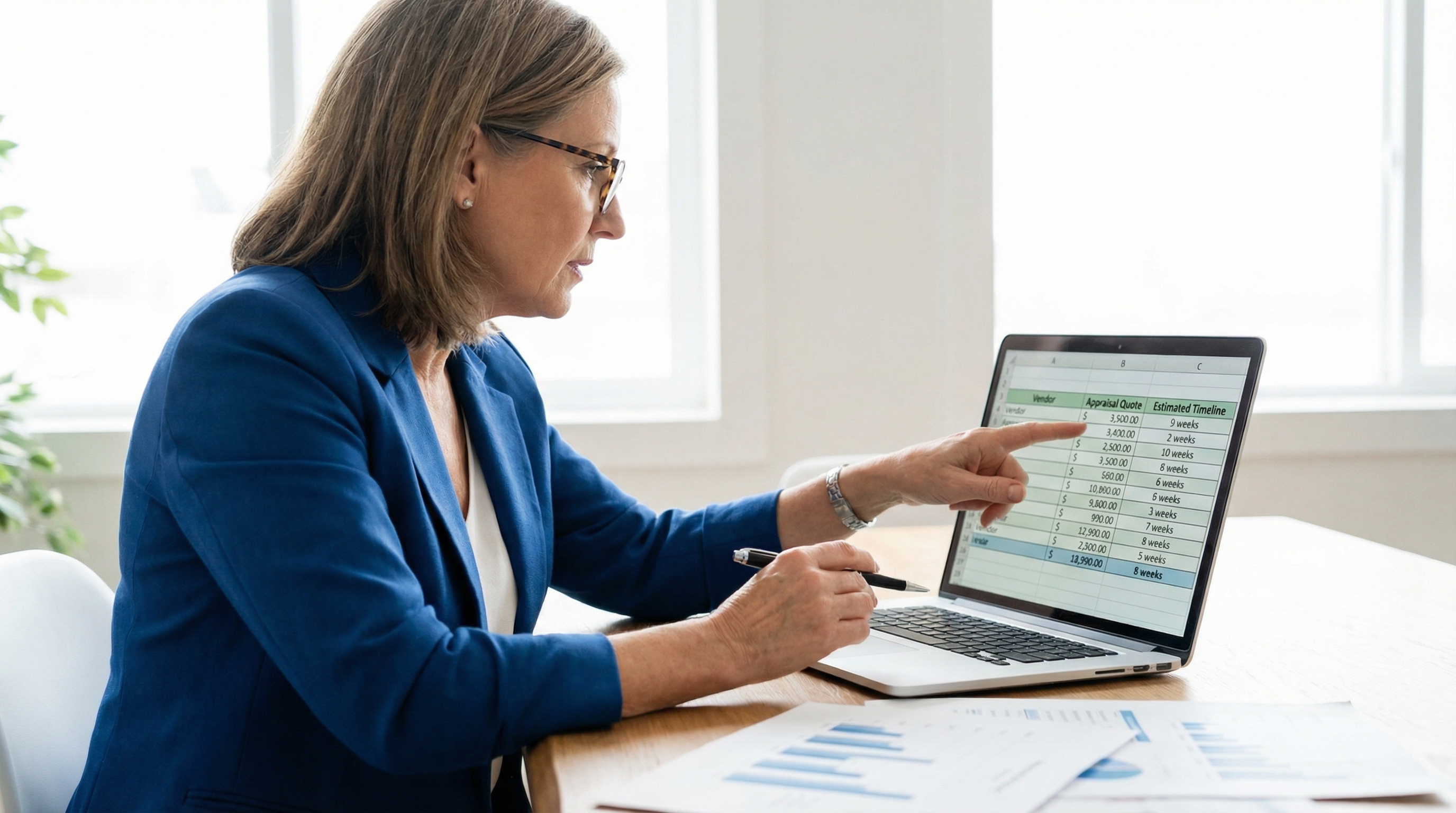 Business owner reviewing appraisal quotes and timelines on laptop