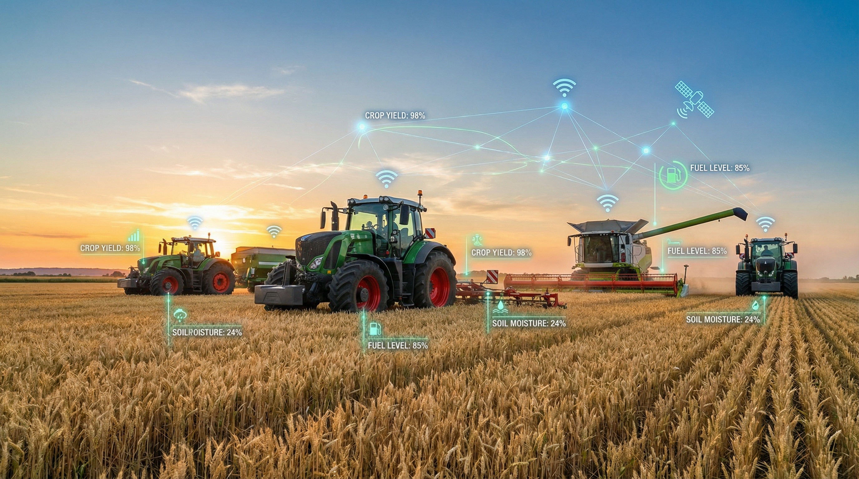 Modern farm equipment with digital technology overlay