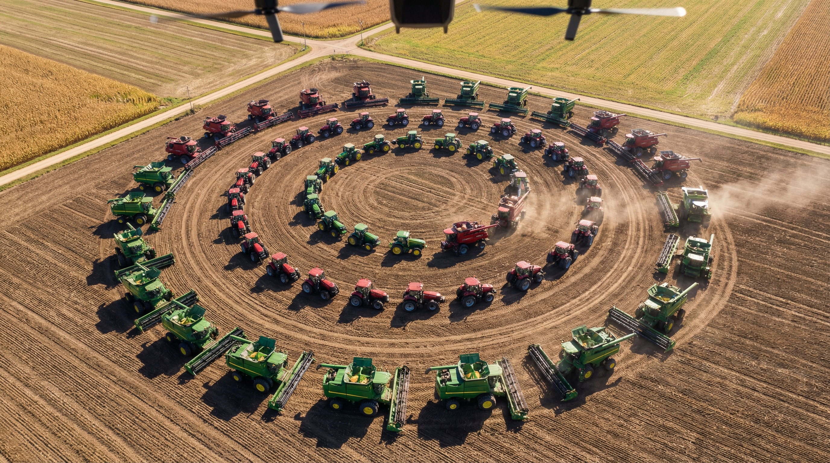 Drone capturing aerial view of farm equipment fleet