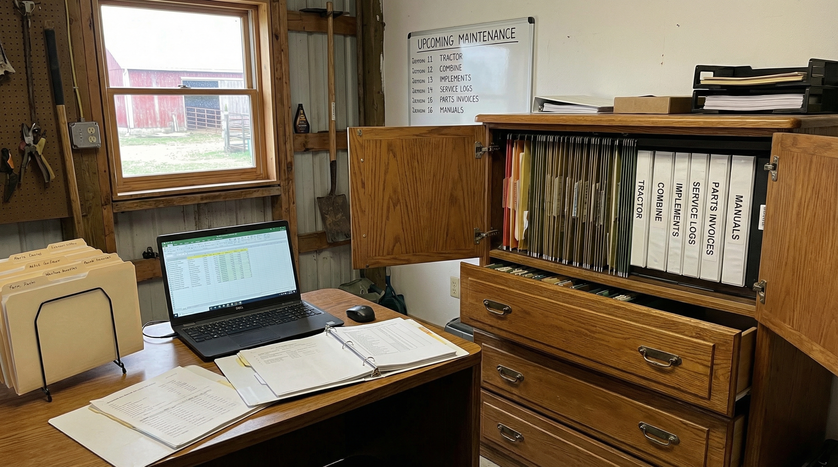 Farm equipment maintenance records with organized documentation files