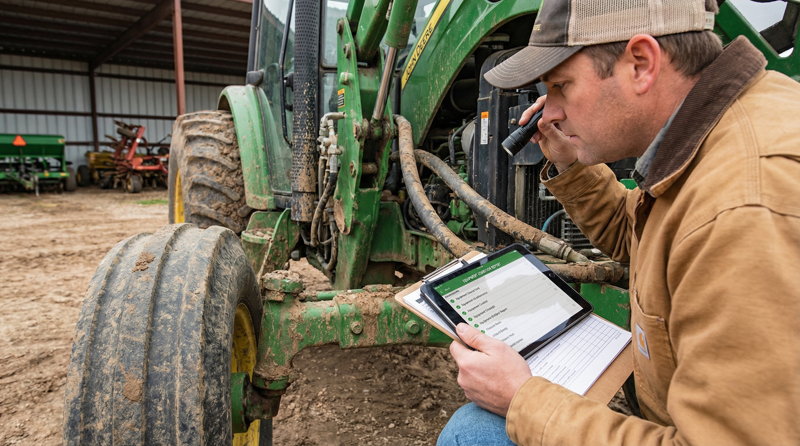 Farm equipment condition assessment and tractor inspection