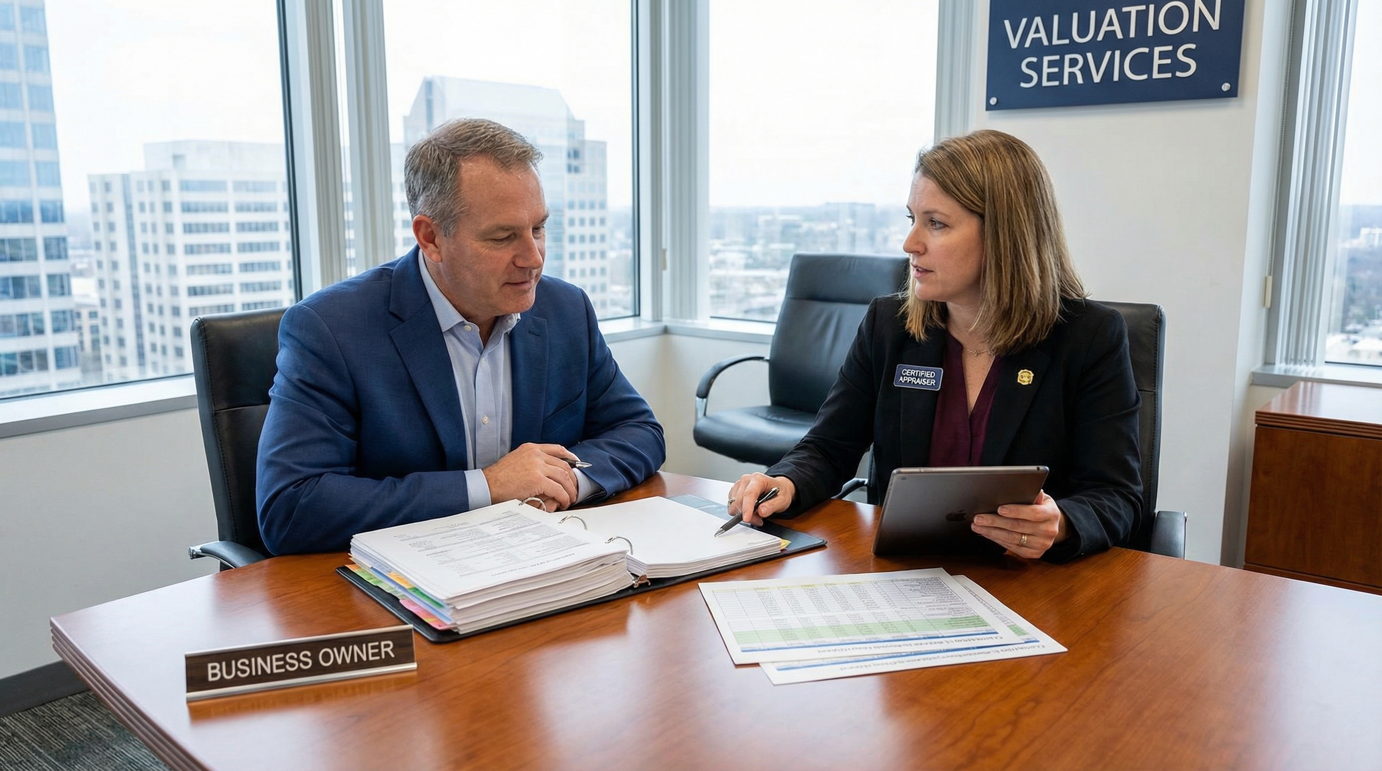 Professional meeting between business owner and certified appraiser reviewing equipment documentation