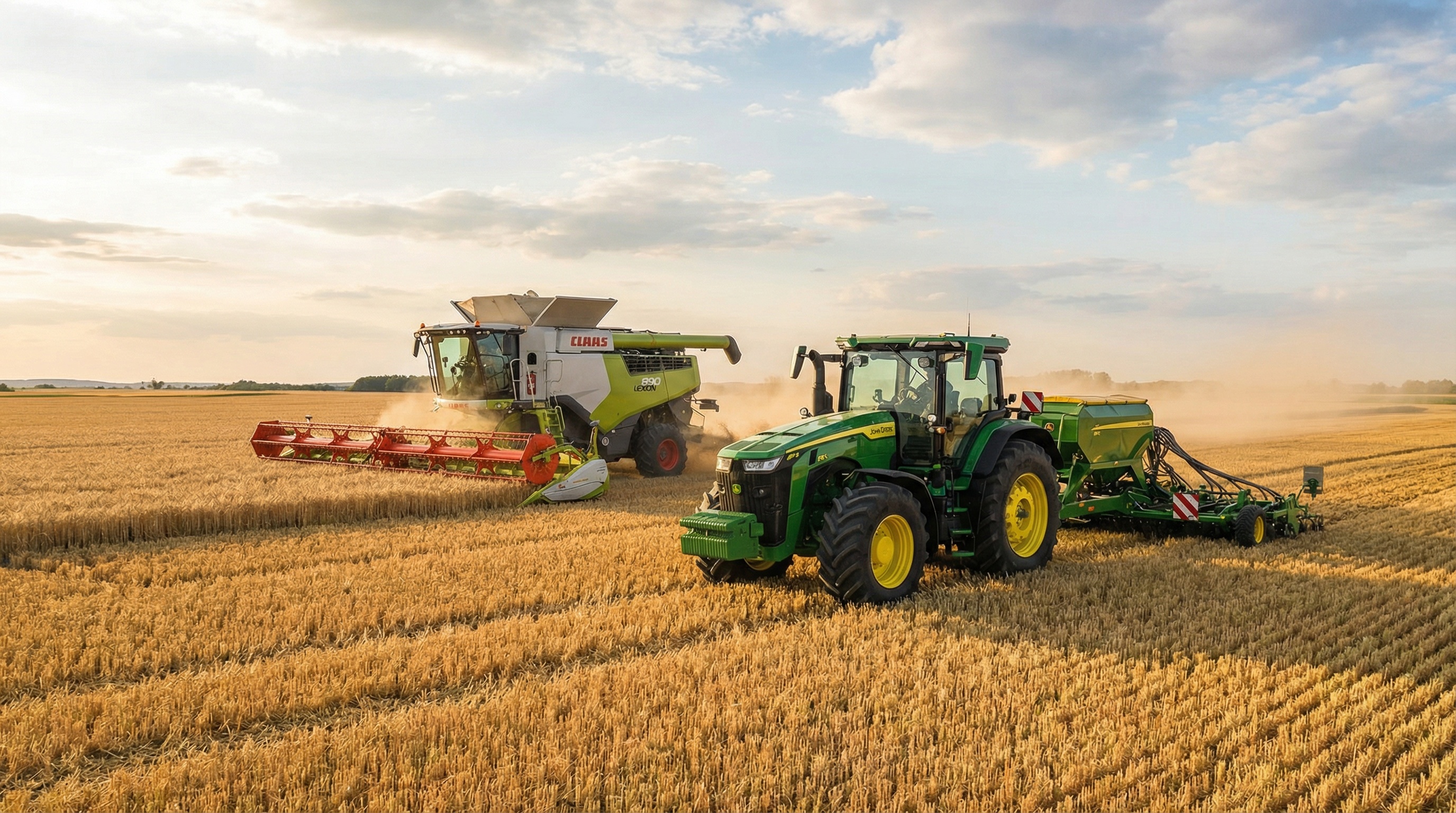 Modern farm equipment including tractor and combine harvester in agricultural field