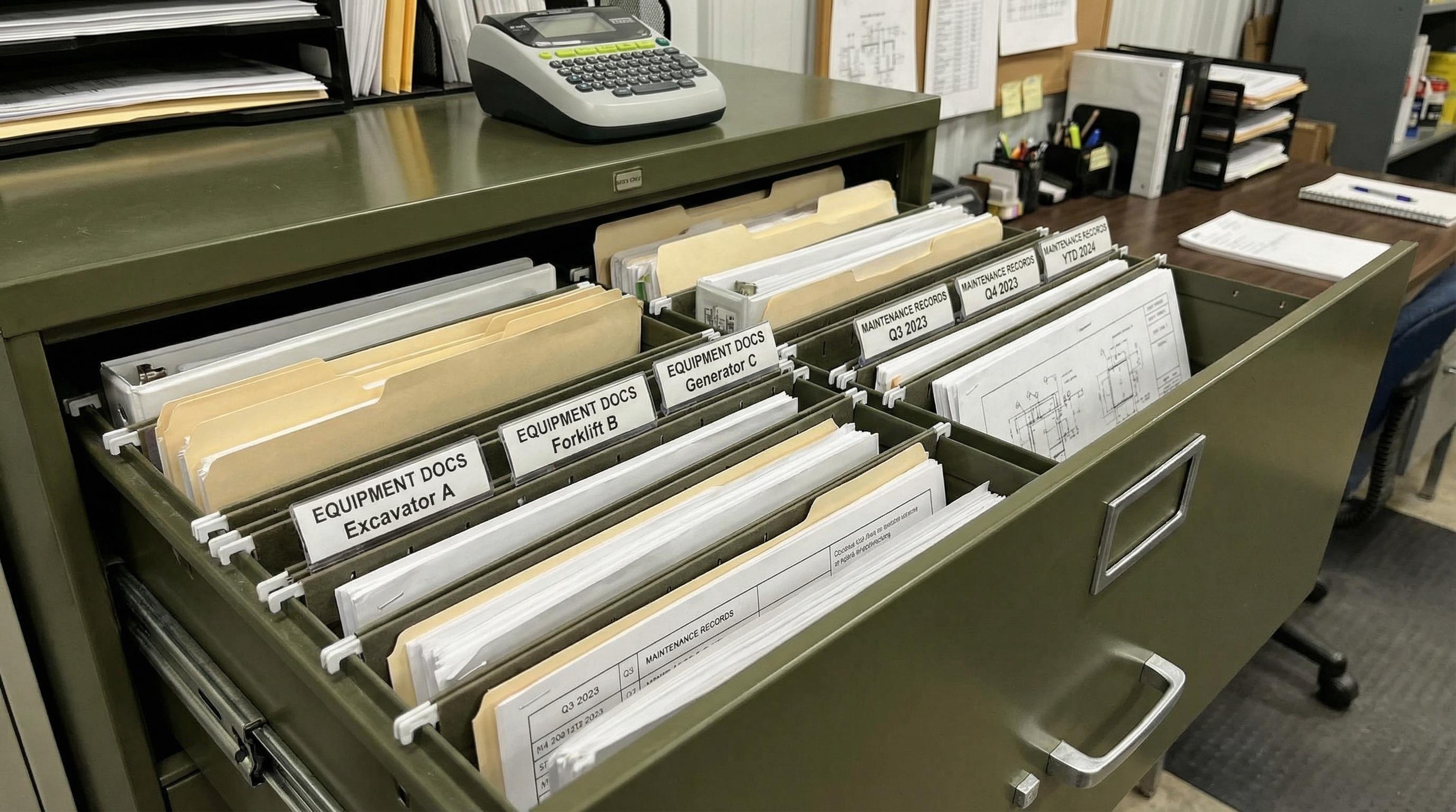 Organized filing cabinet with equipment documents and maintenance records