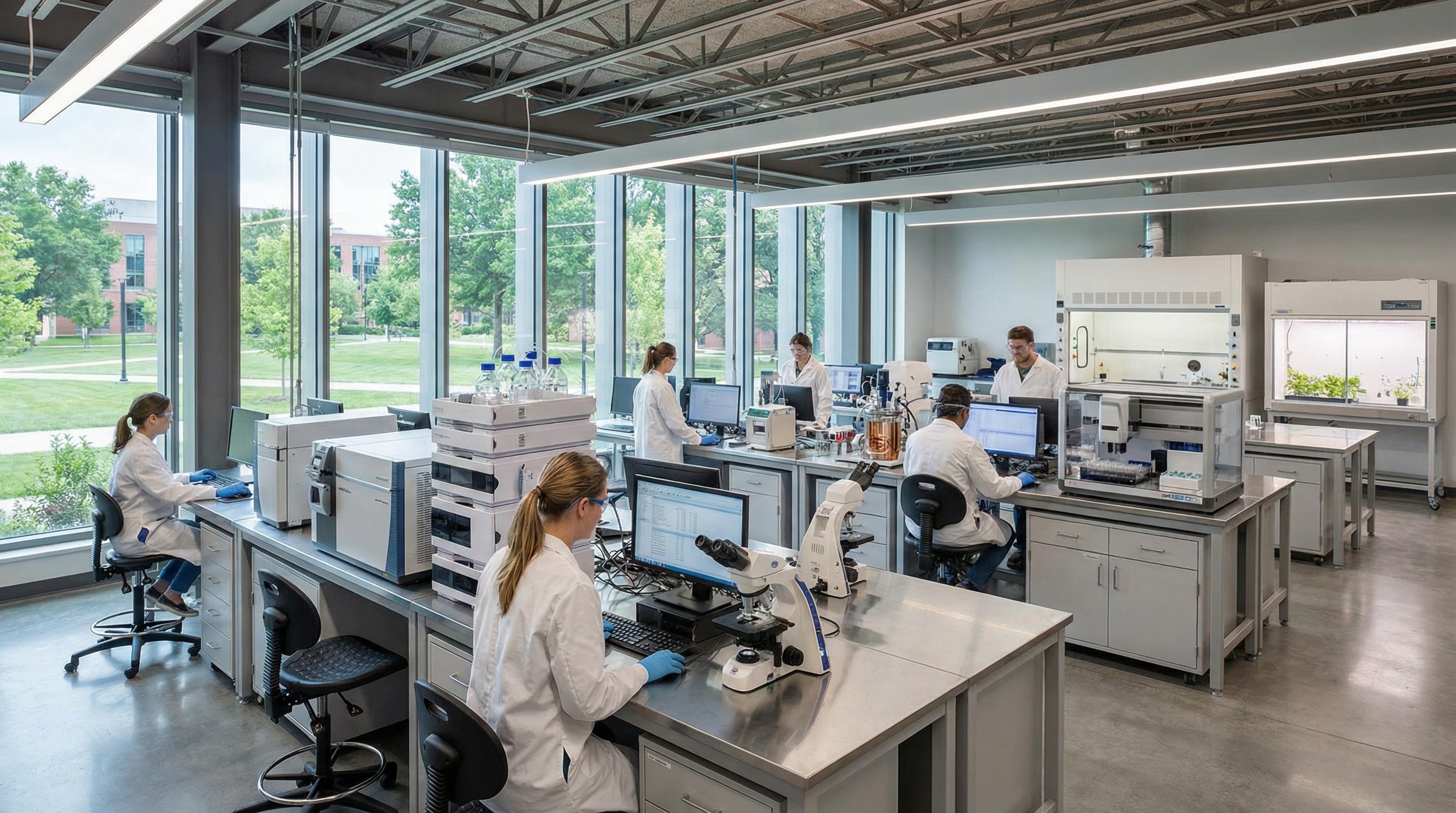 modern laboratory with various scientific equipment and instruments on benches