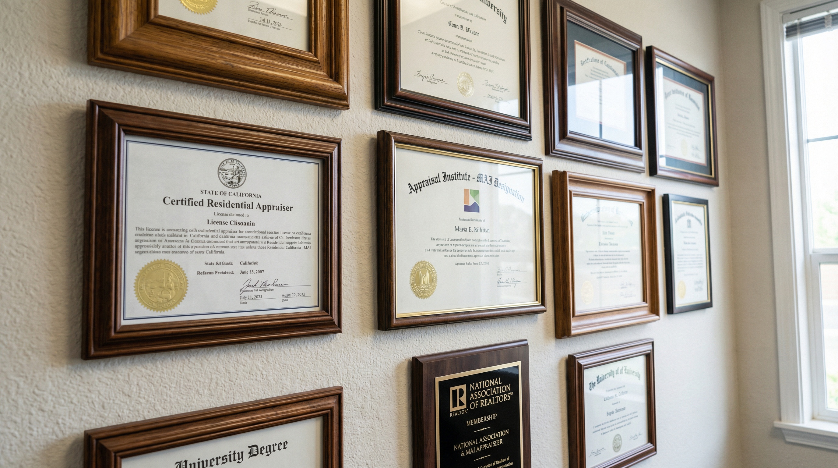 Close-up of appraiser's credentials and certifications displayed on office wall