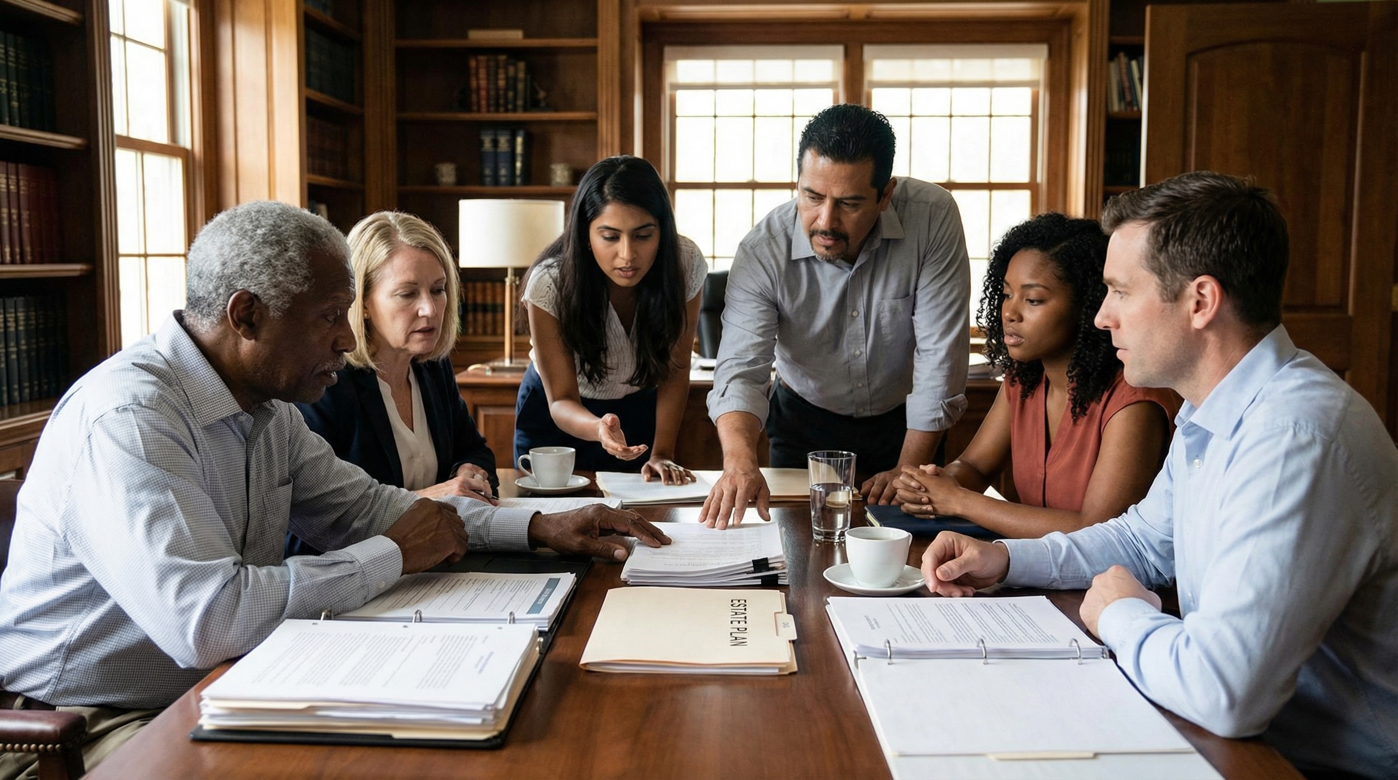 Family meeting to discuss estate documents around a table