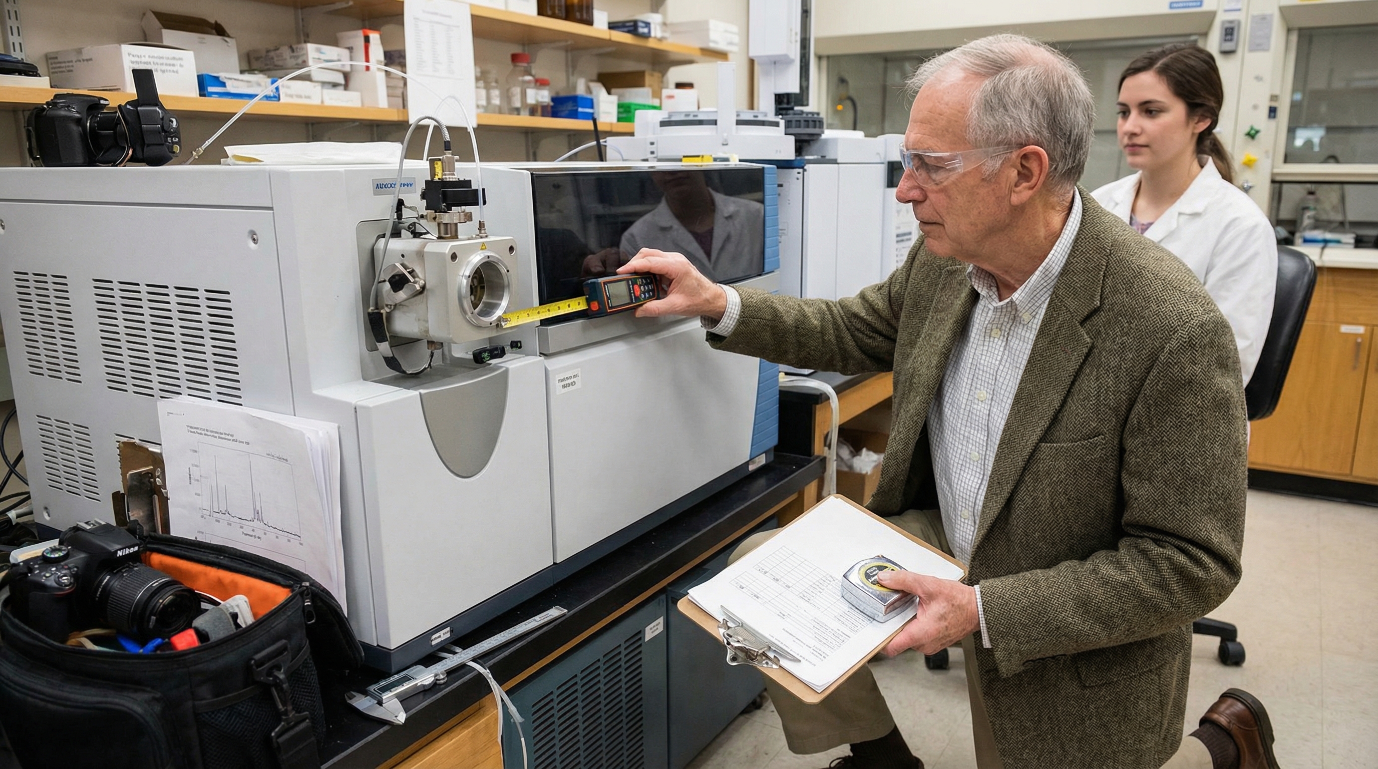 Professional appraiser inspecting laboratory equipment with clipboard and measuring tools