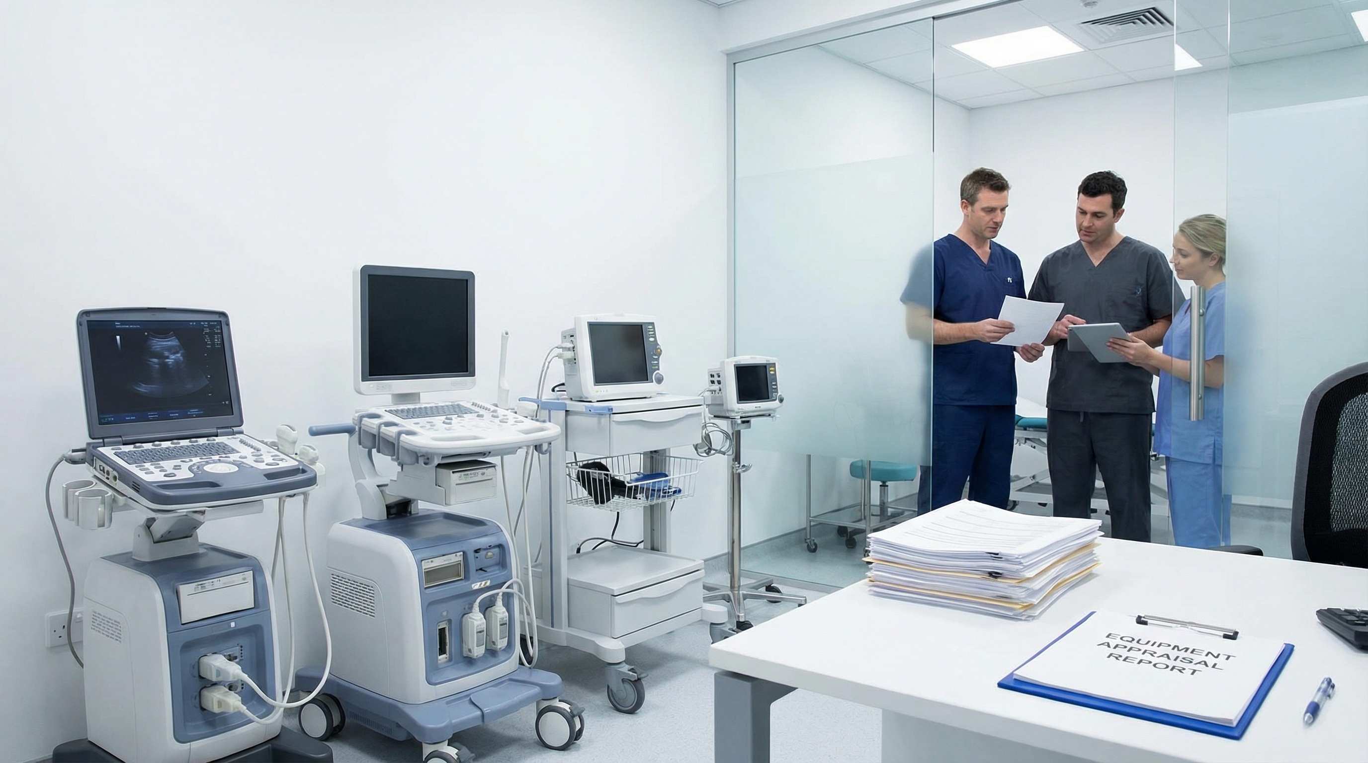 medical equipment in modern healthcare facility with appraisal documents