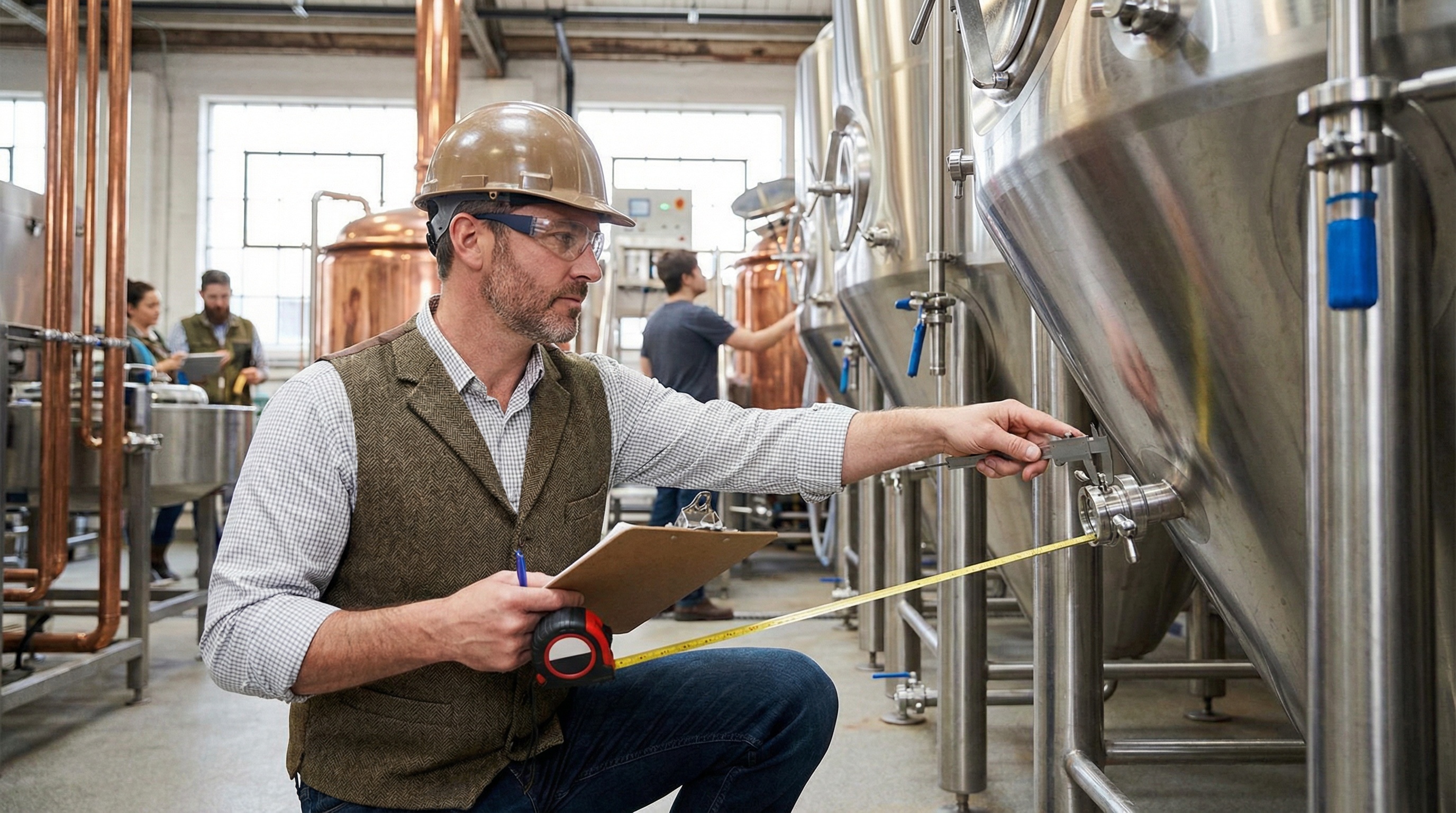 professional appraiser examining brewery equipment with clipboard and measuring tools