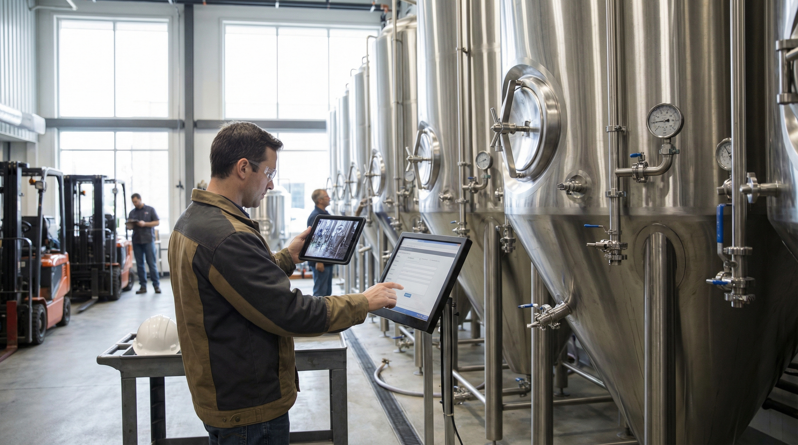appraiser using tablet to document equipment specifications while standing next to large stainless steel brewing tanks