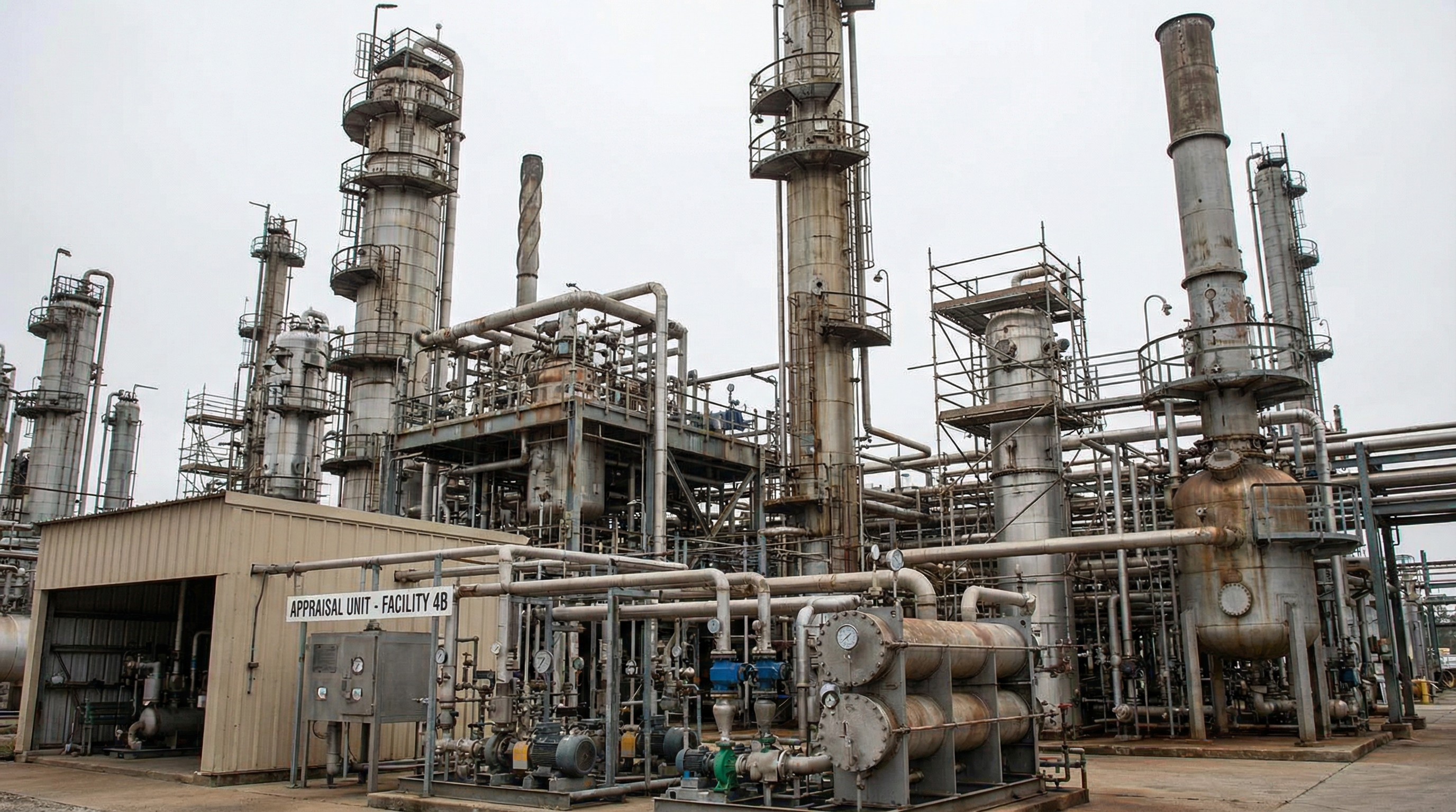 Chemical plant equipment and industrial facility showing reactors and process equipment