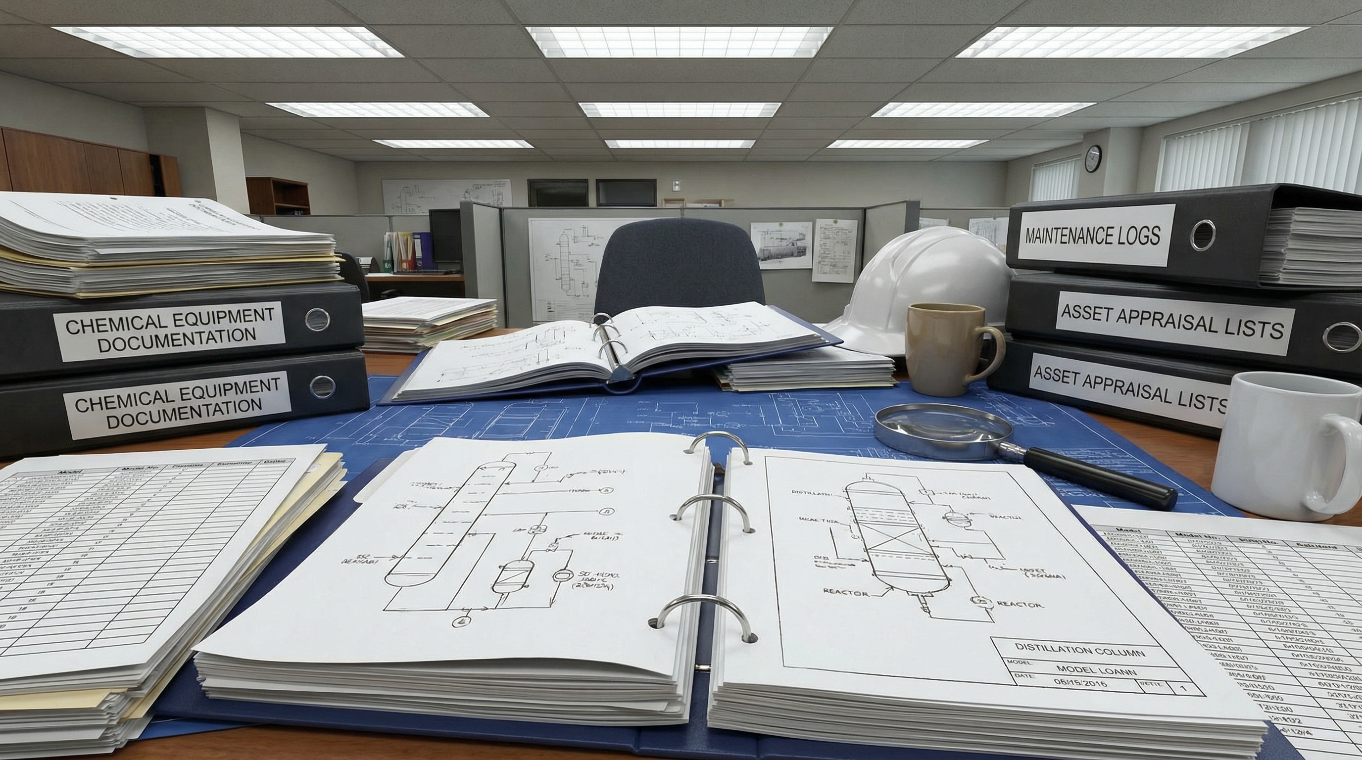 Chemical equipment documentation and maintenance records with technical diagrams