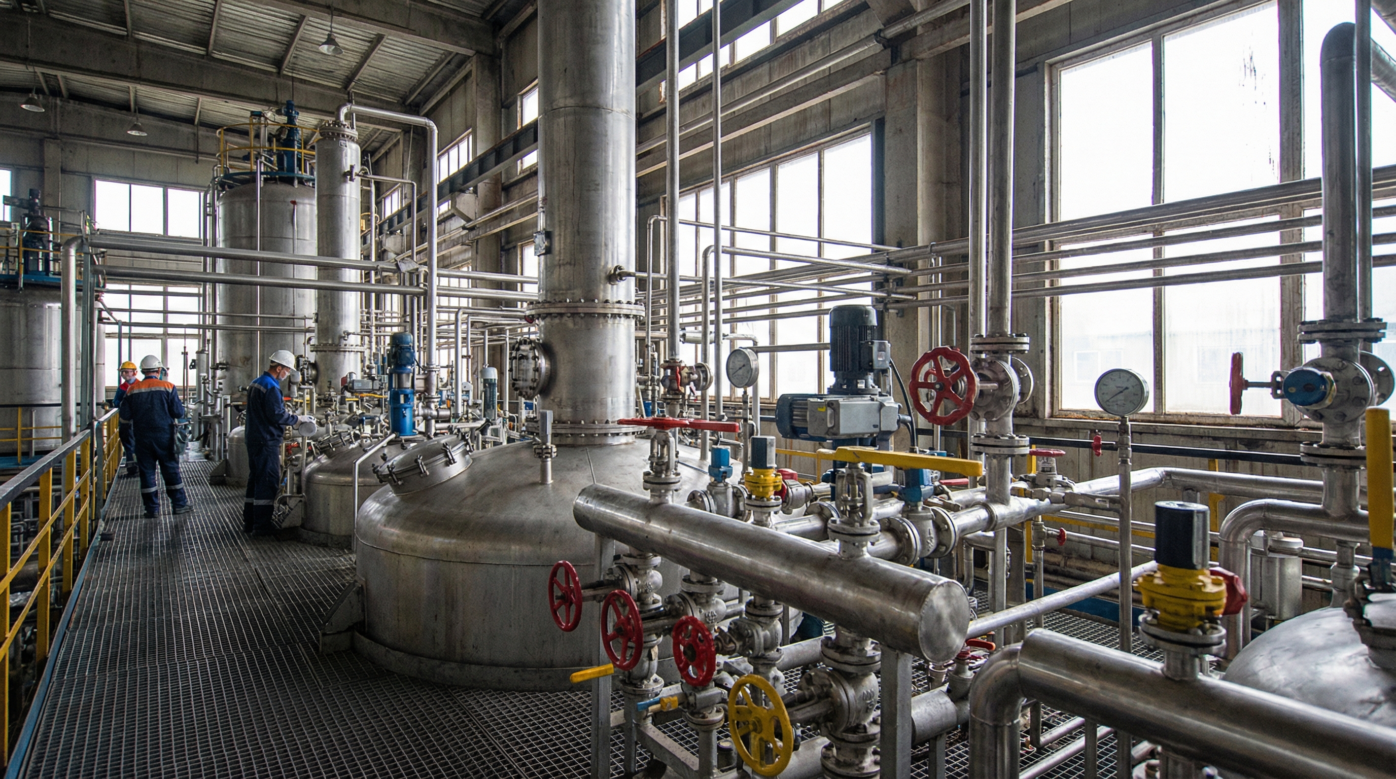 chemical plant equipment with industrial valves and pipes in a processing facility