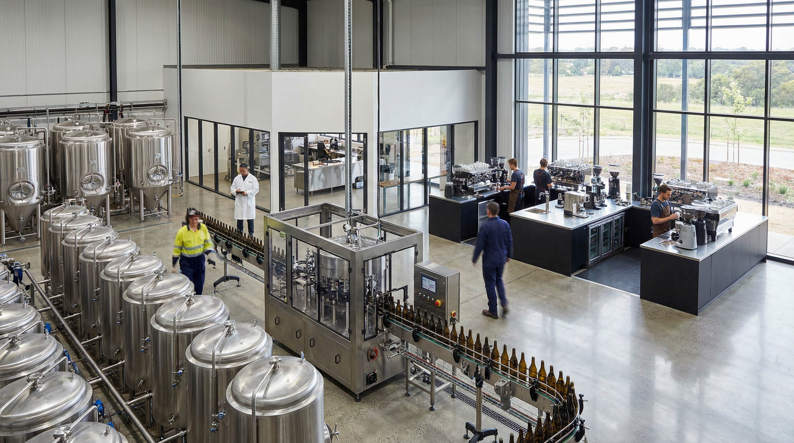 various beverage equipment including fermentation tanks, bottling line, and commercial espresso machines in a modern facility