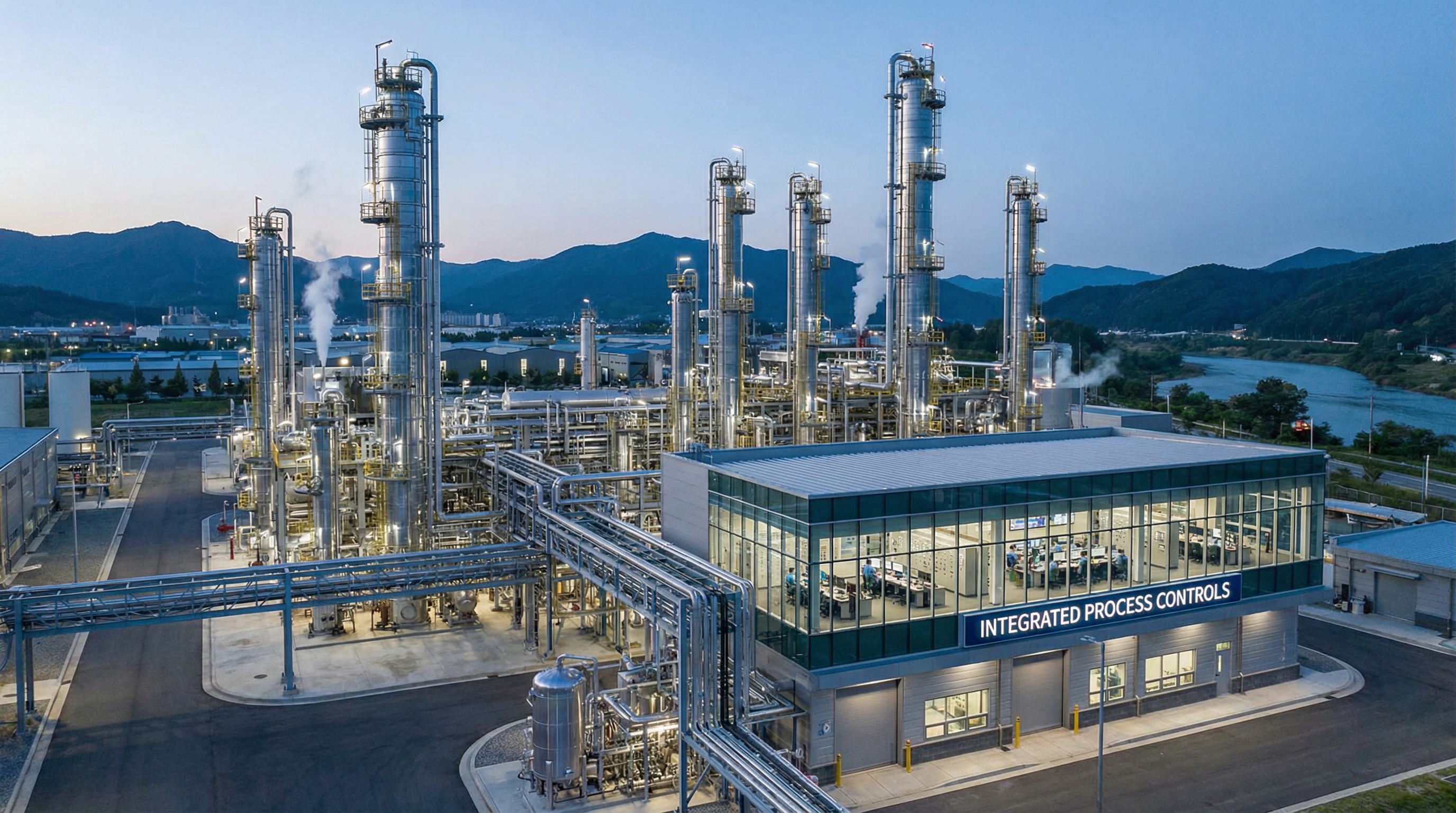 modern chemical processing facility with multiple distillation columns and control systems