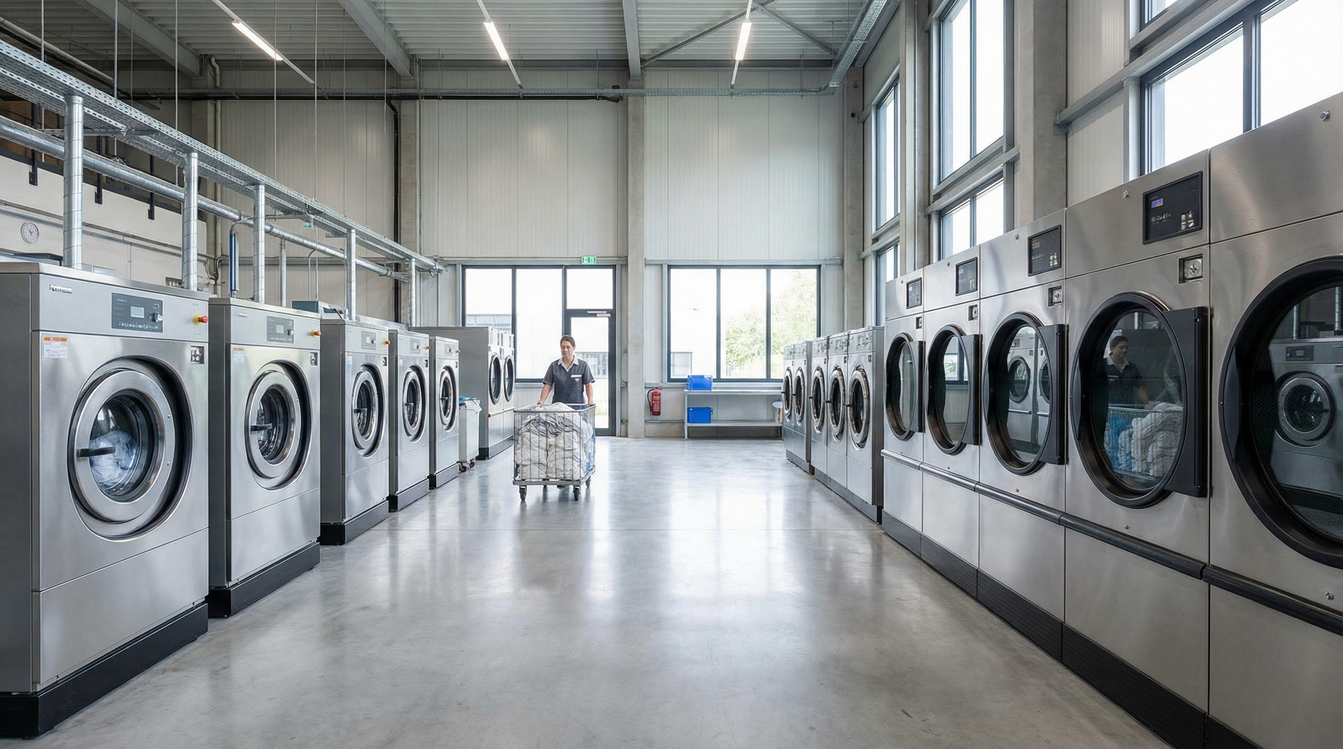 commercial laundry equipment in modern facility with washers and dryers
