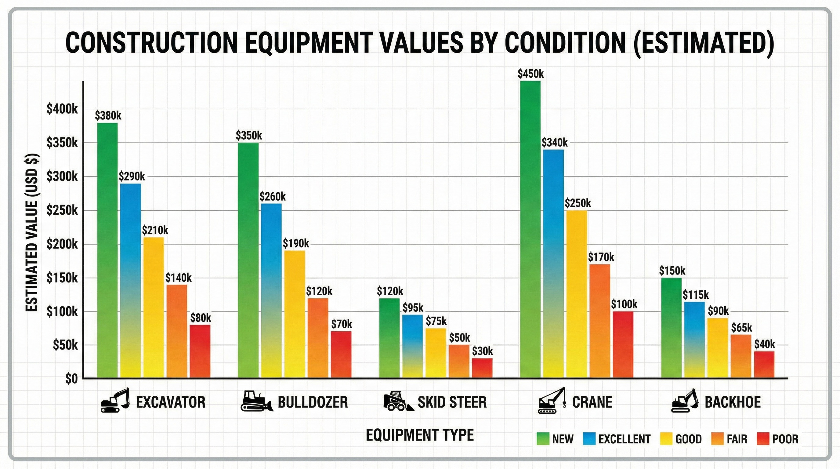 Comparison chart showing construction equipment values by condition