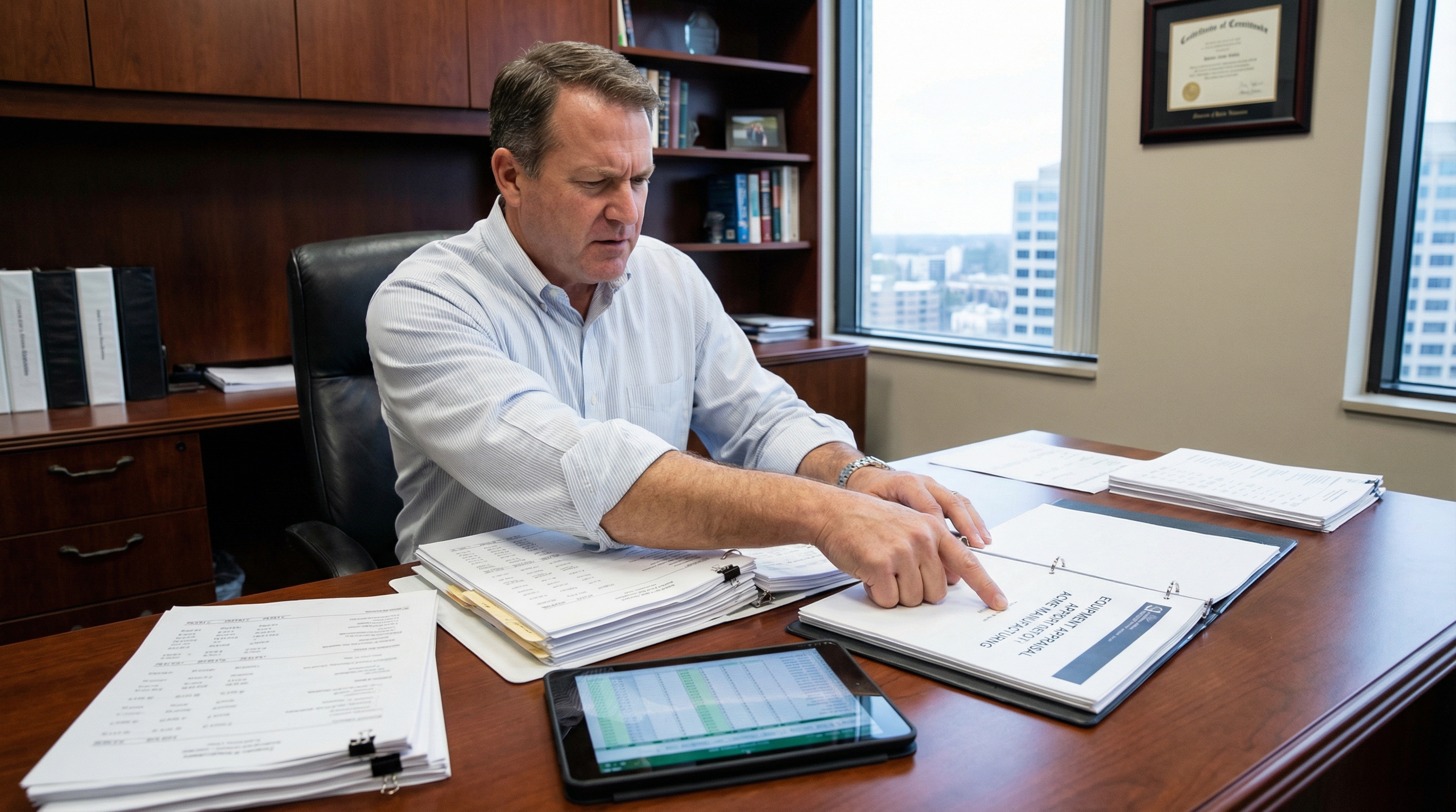 Cannabis business owner reviewing equipment appraisal report with financial documents