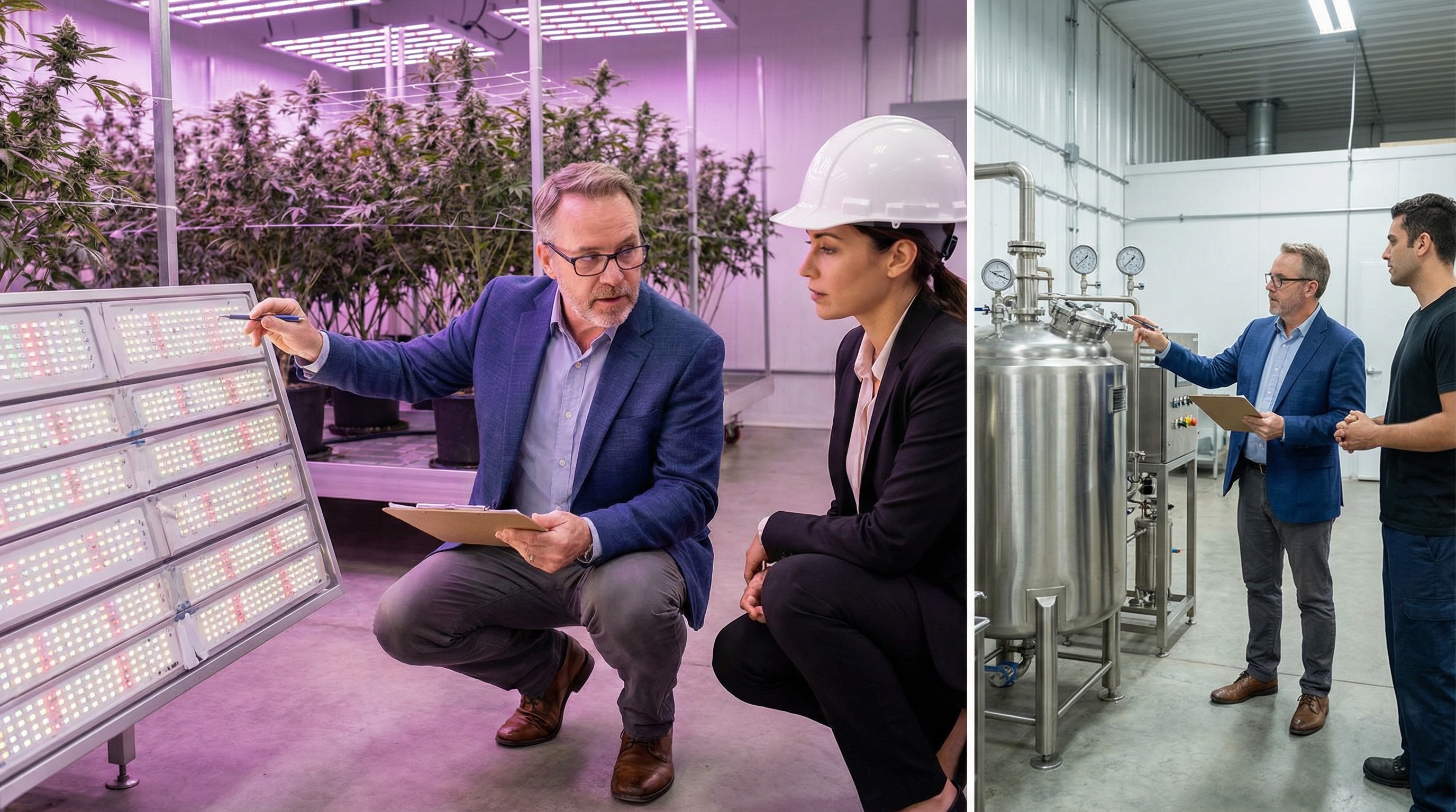 Professional appraiser examining cannabis grow lights and extraction machinery