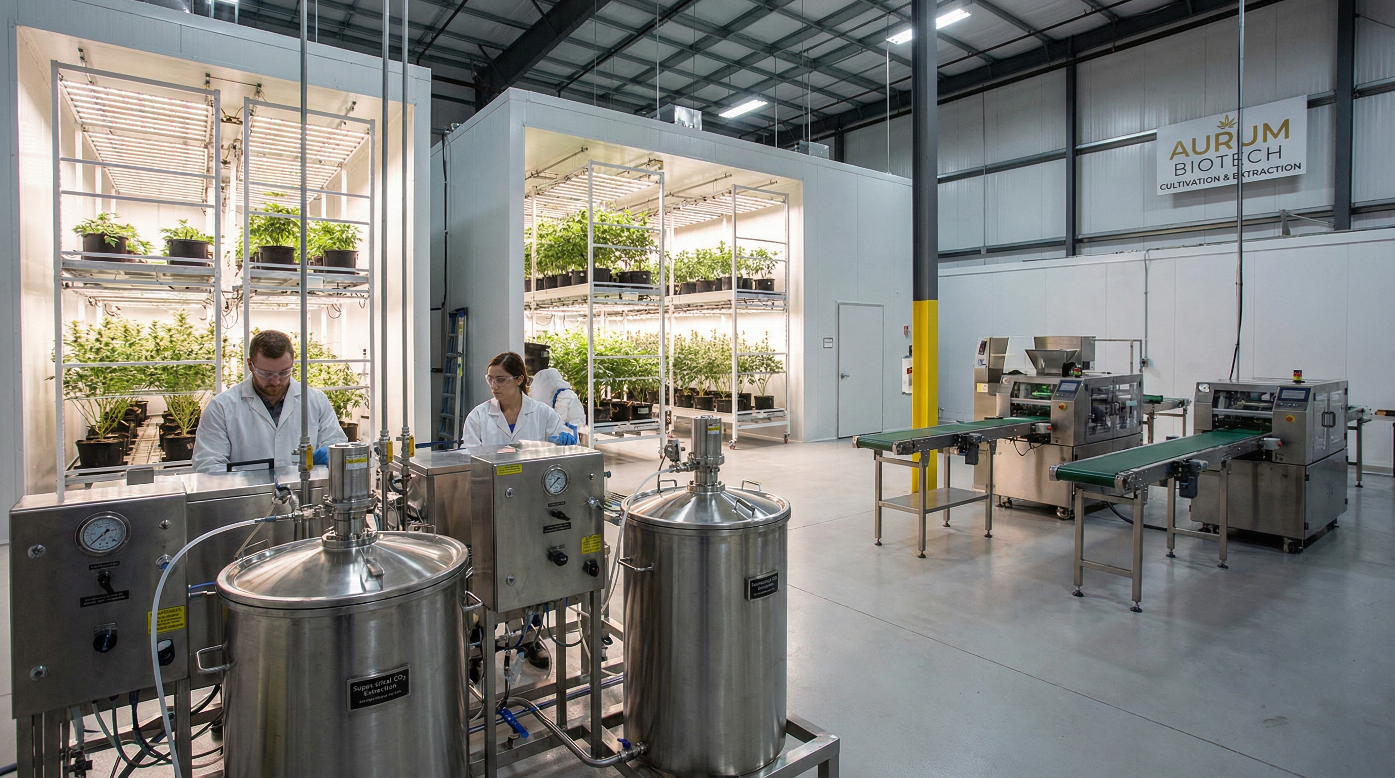 Various cannabis equipment including extraction machines, grow lights and processing equipment in facility