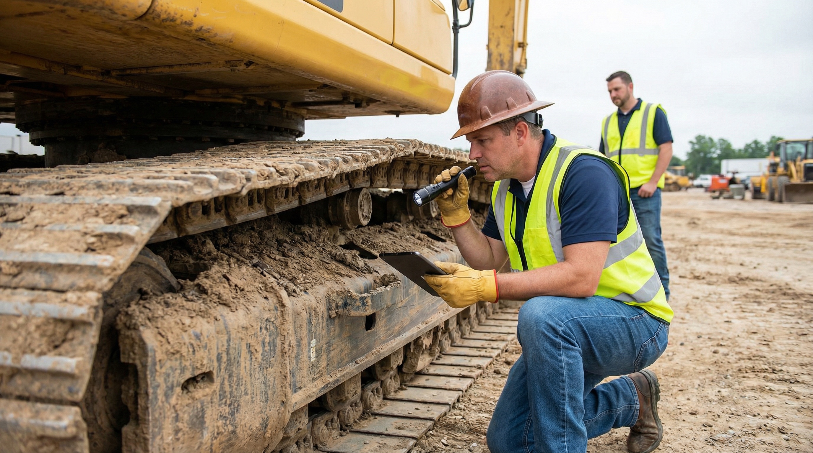 Appraiser inspecting heavy construction equipment