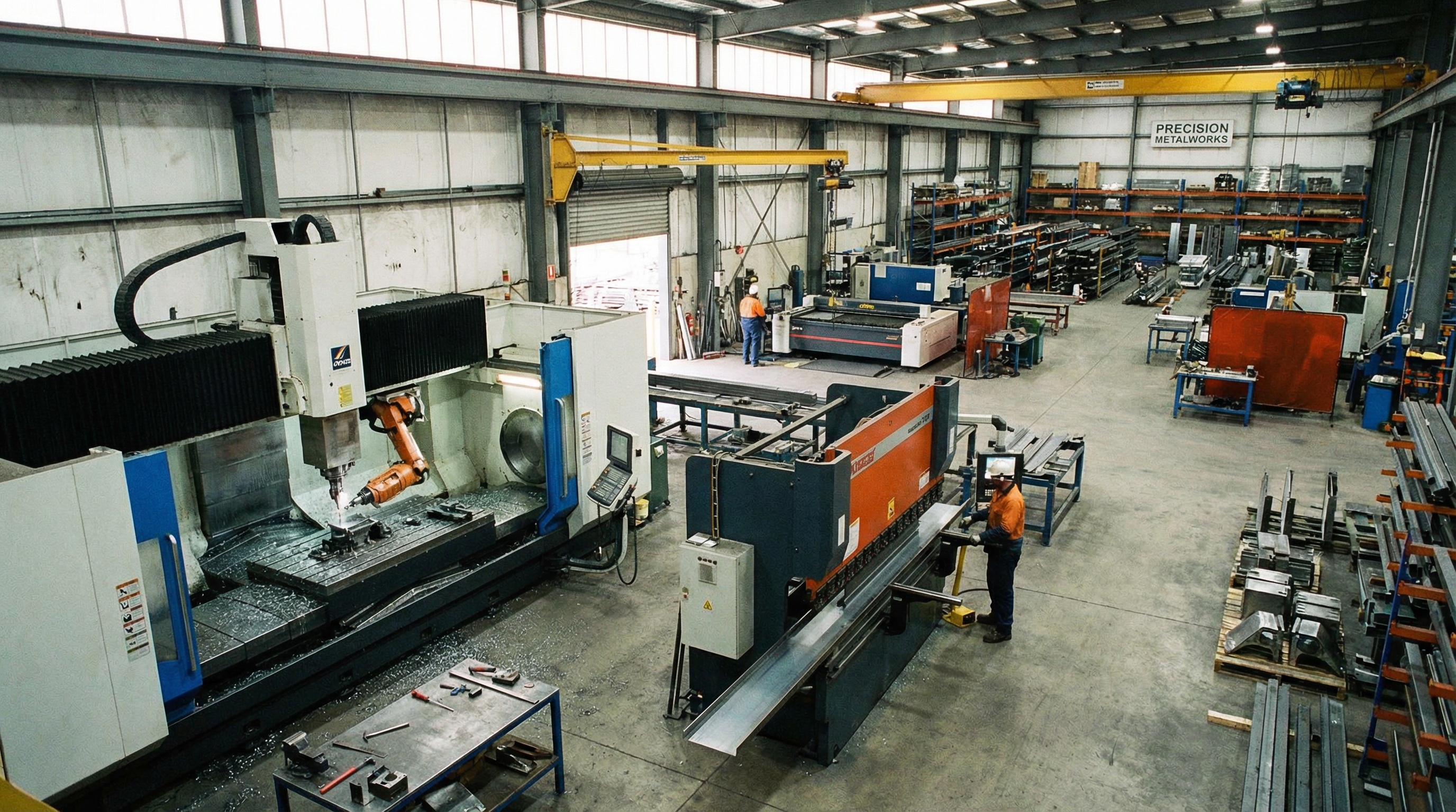Manufacturing facility showing various metalworking equipment including CNC machines, press brakes, and fabrication equipment