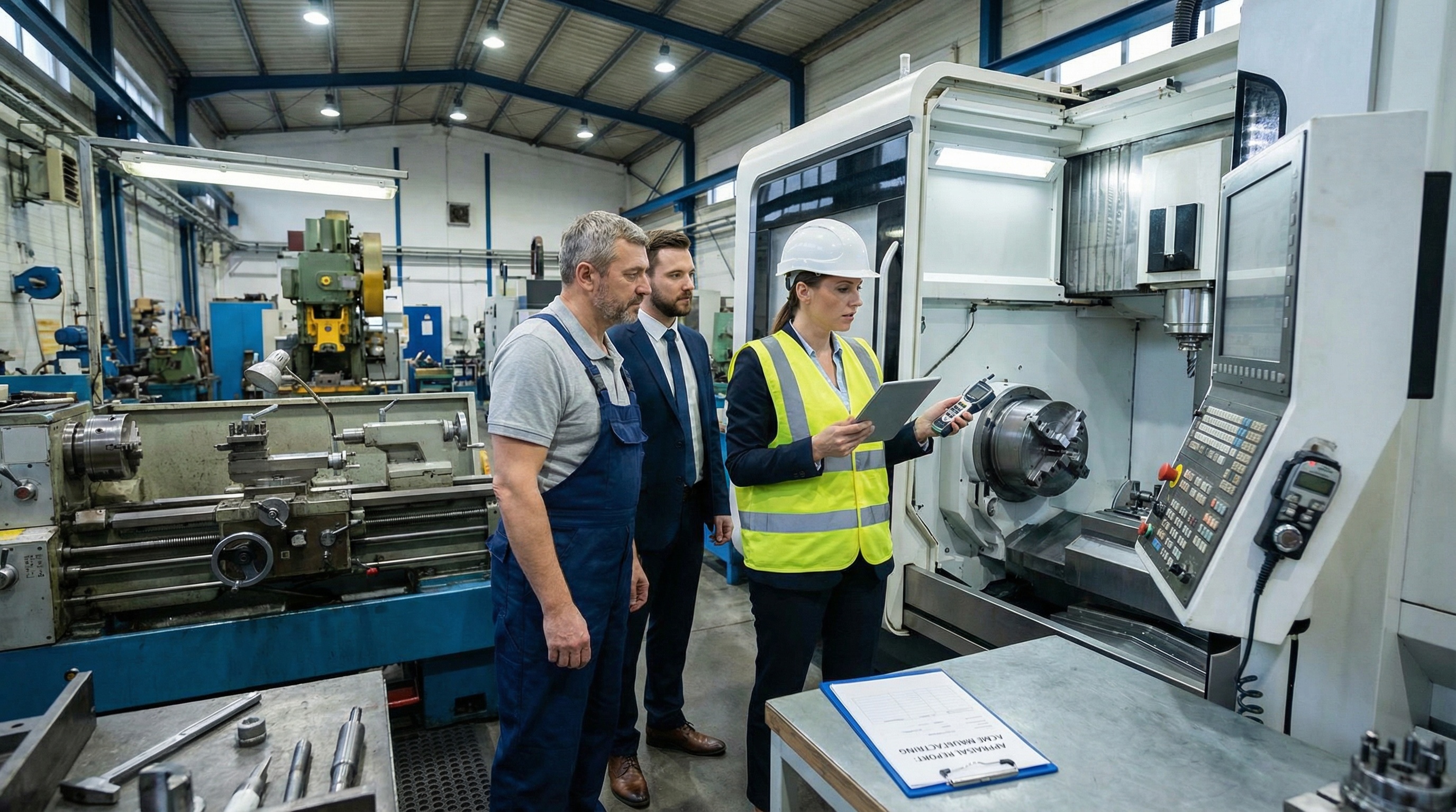 Professional appraiser evaluating CNC machines and metalworking equipment in a manufacturing facility