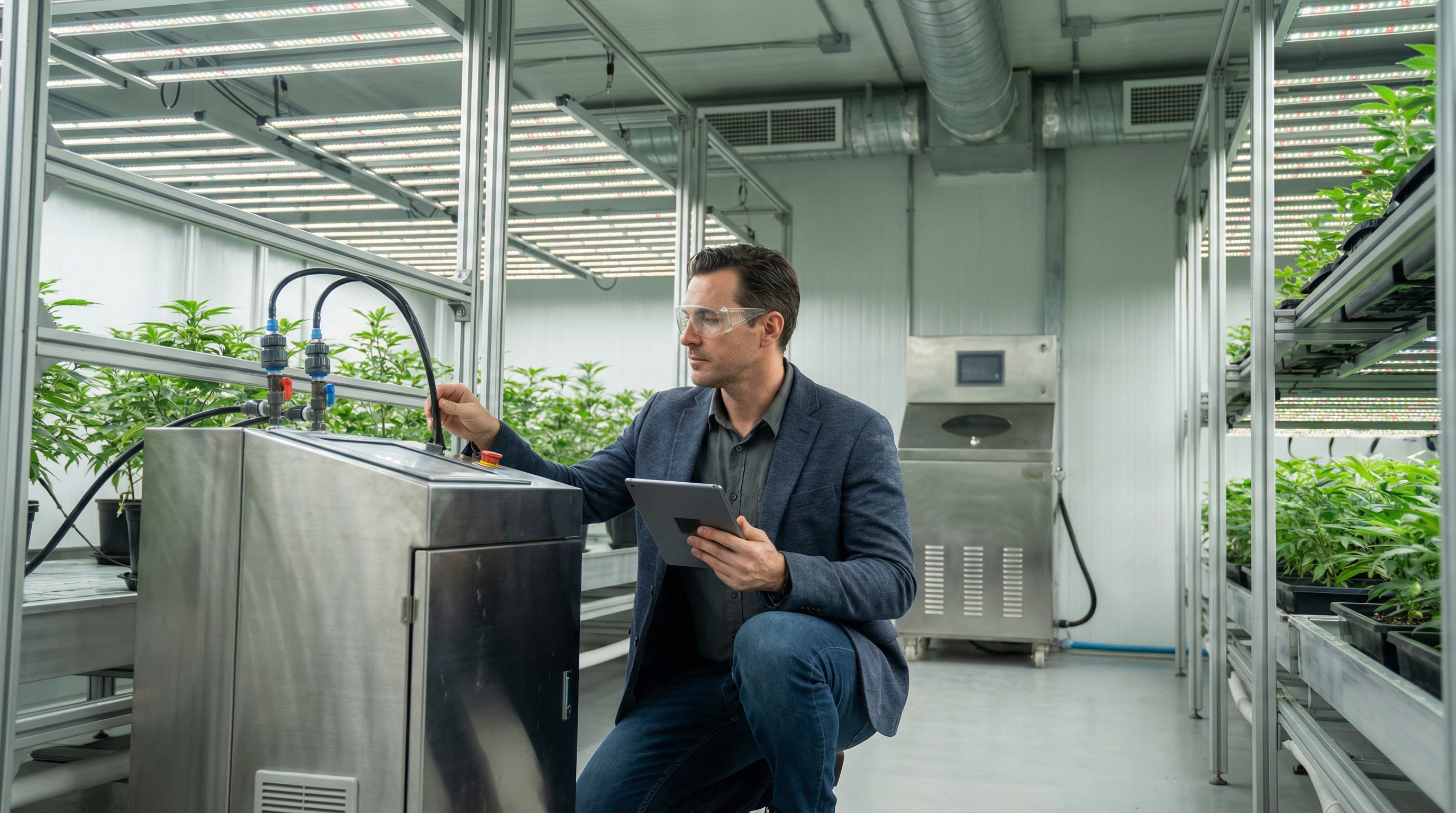 professional appraiser examining cannabis cultivation equipment in modern facility