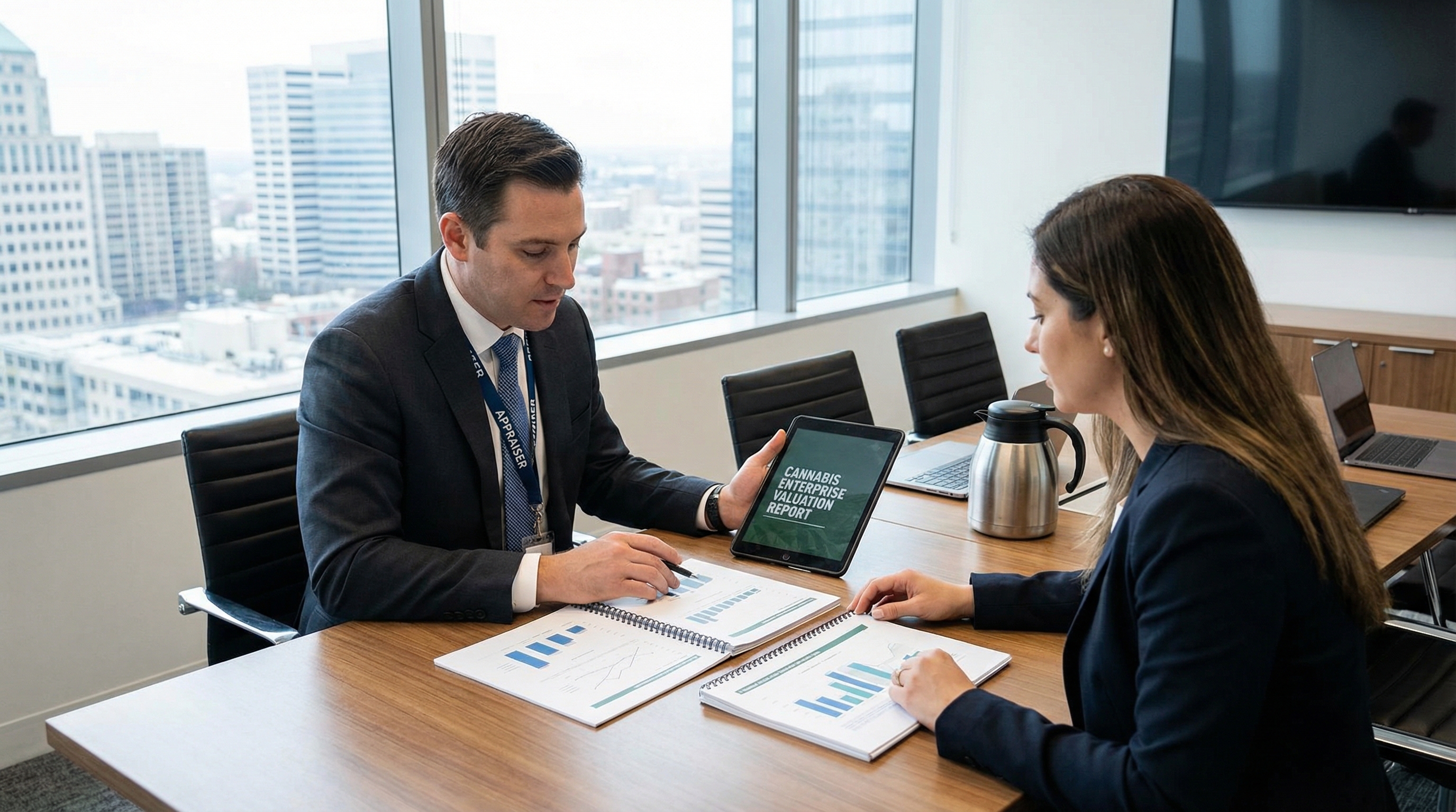 professional meeting between appraiser and cannabis business owner reviewing valuation report