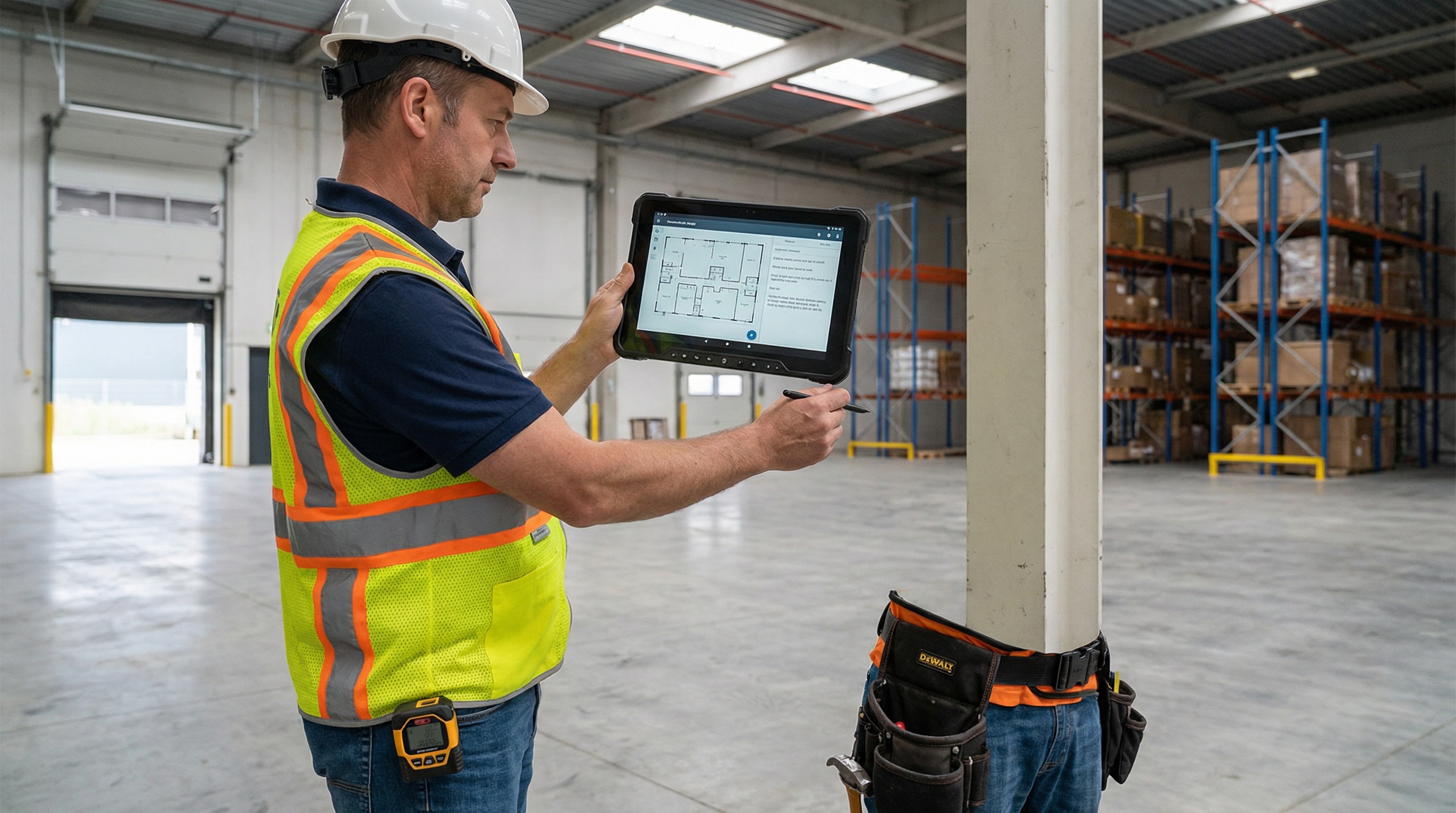 appraiser using tablet to document commercial property measurements and condition notes