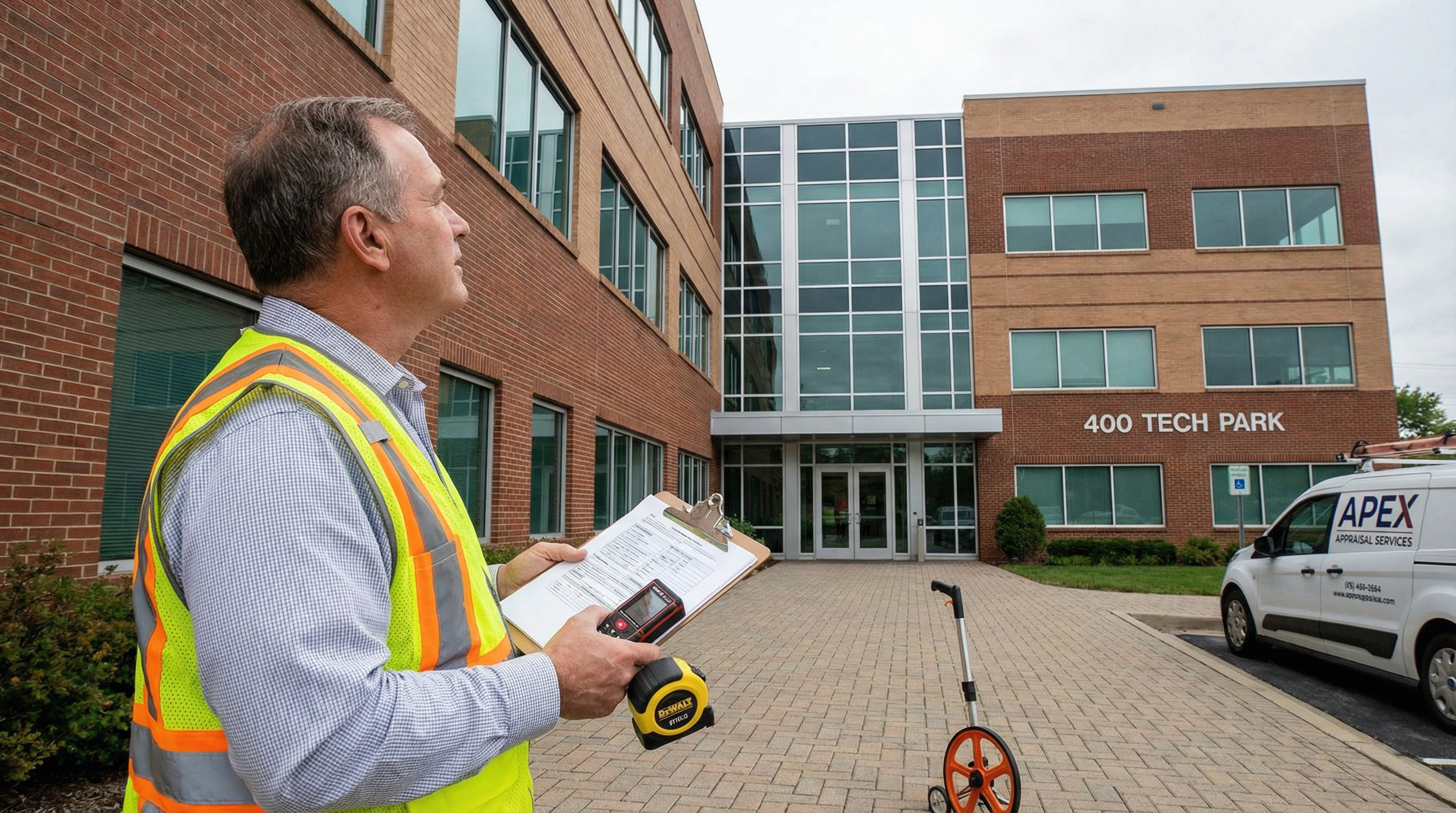 professional appraiser examining commercial building exterior with clipboard and measuring tools