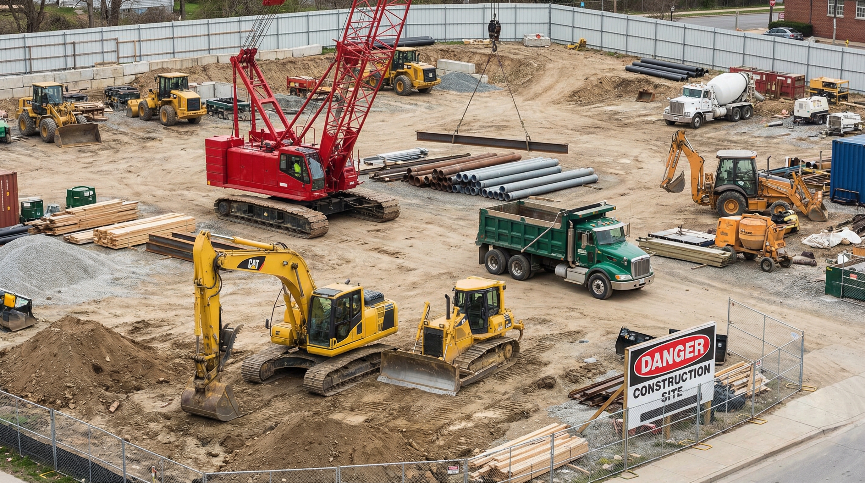 Various types of heavy machinery including excavator, crane, and bulldozer arranged in construction yard