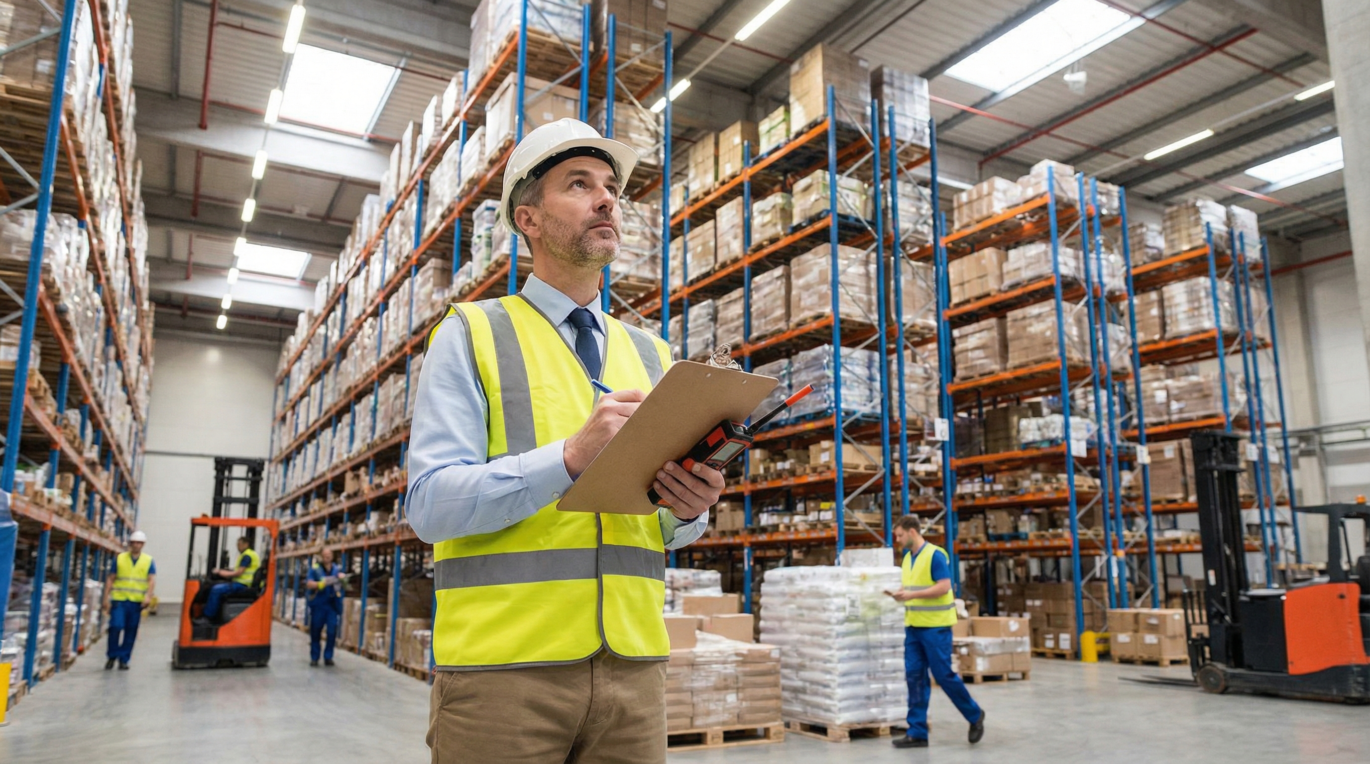 Commercial appraiser inspecting warehouse facility with clipboard and measuring equipment