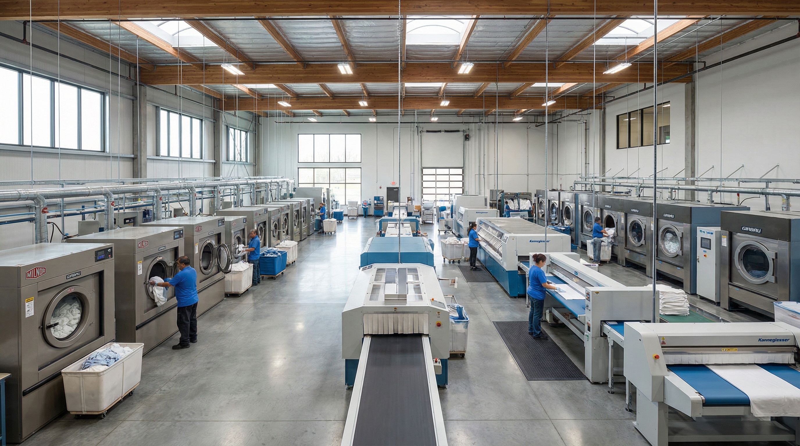 Various types of commercial laundry equipment including washers, dryers, and folding stations in a modern facility