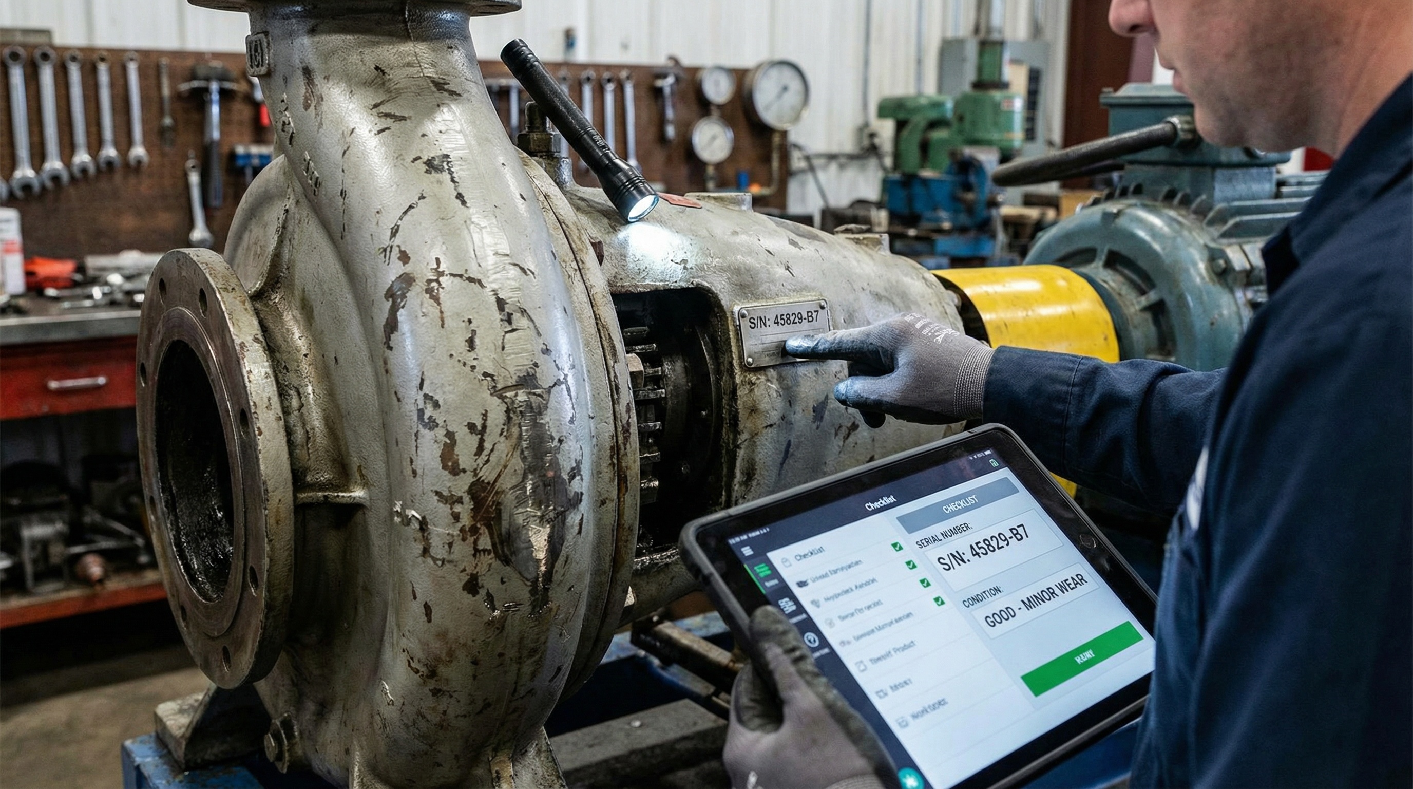 Detailed equipment inspection showing serial number verification and condition assessment