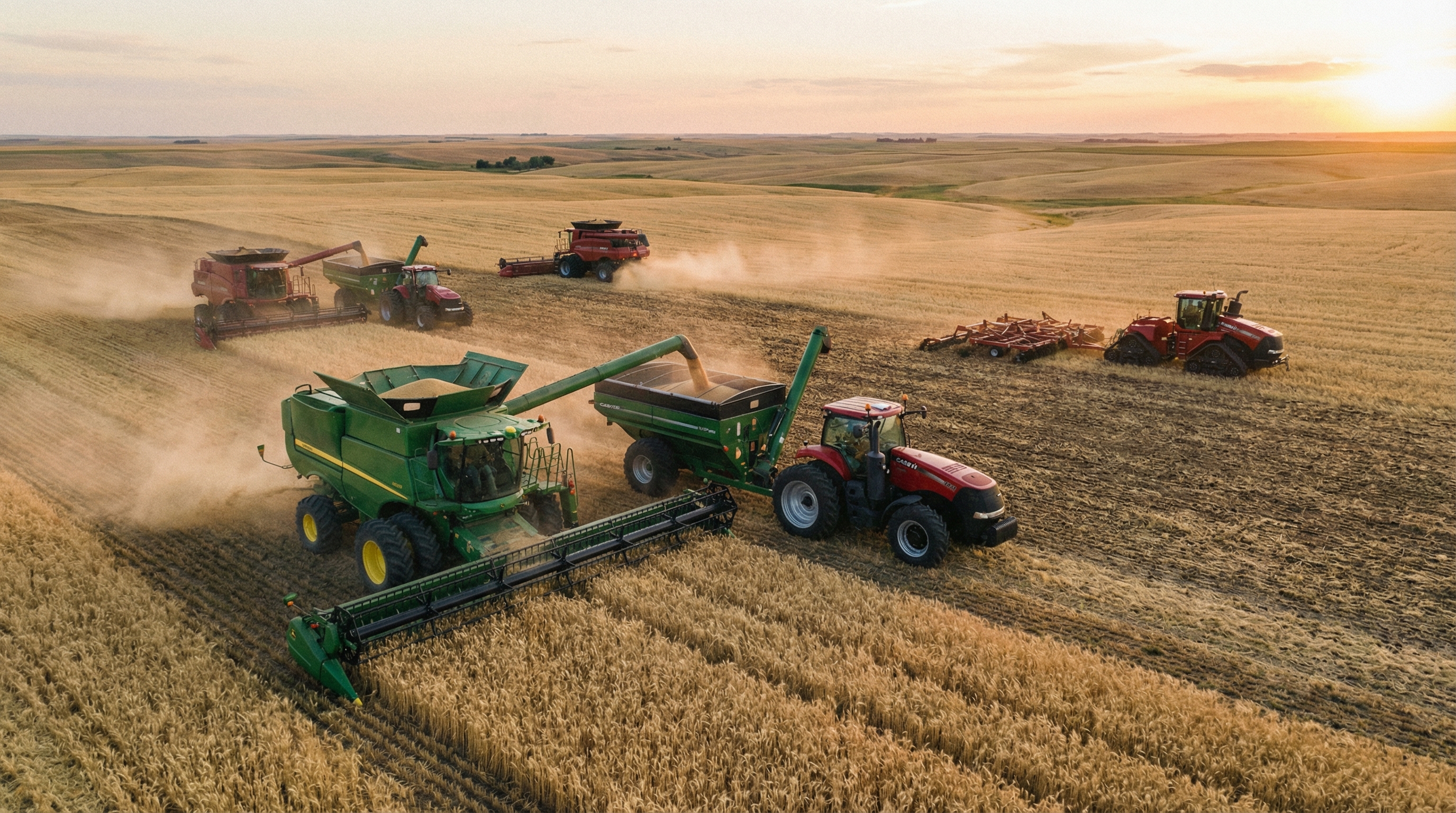 Farm equipment appraisal showing tractors and combines in field