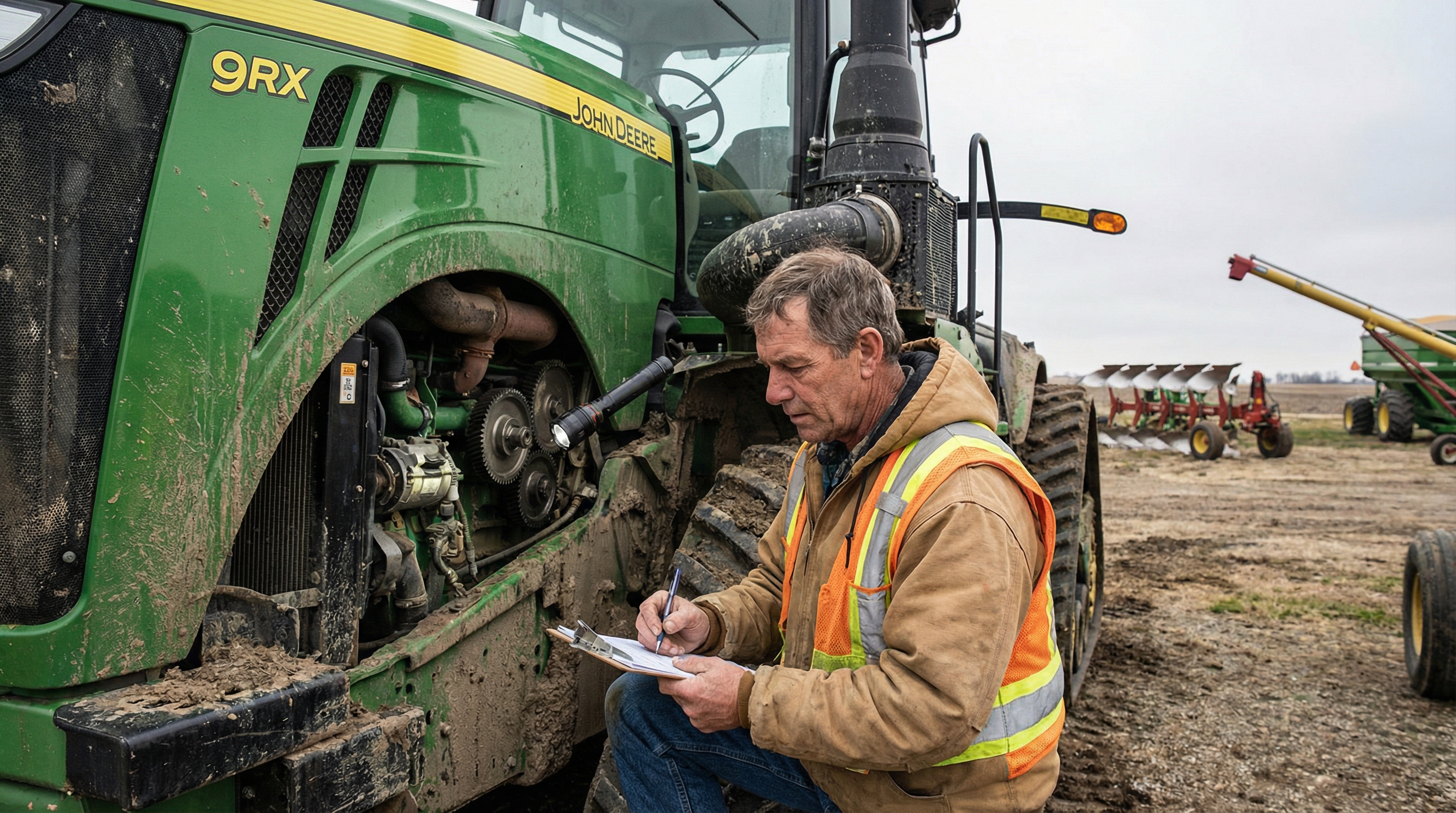 Farm equipment inspection with appraiser examining tractor