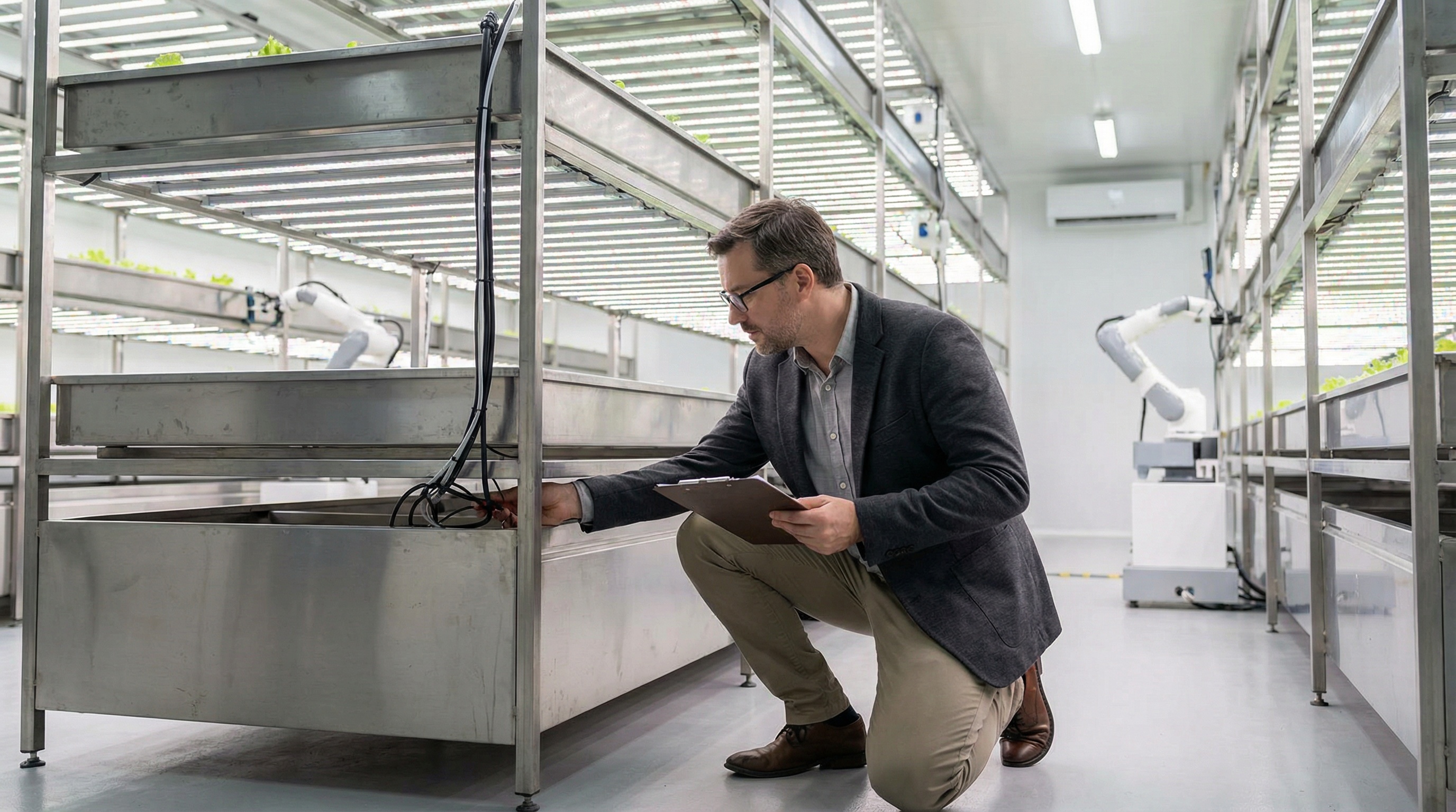 Professional appraiser examining industrial food mixing equipment with clipboard