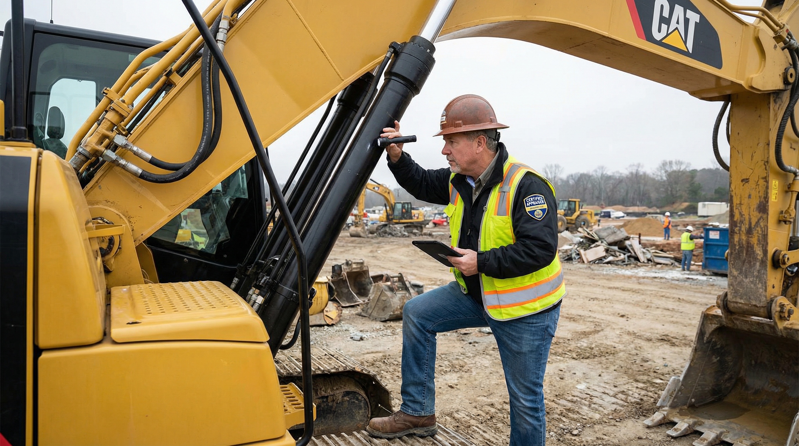 Heavy equipment appraiser inspecting construction machinery on job site