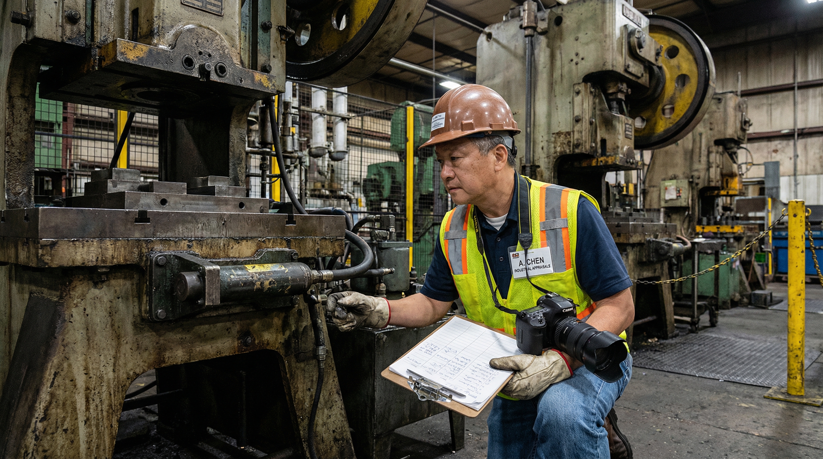 Appraiser conducting detailed inspection of heavy machinery with clipboard and camera