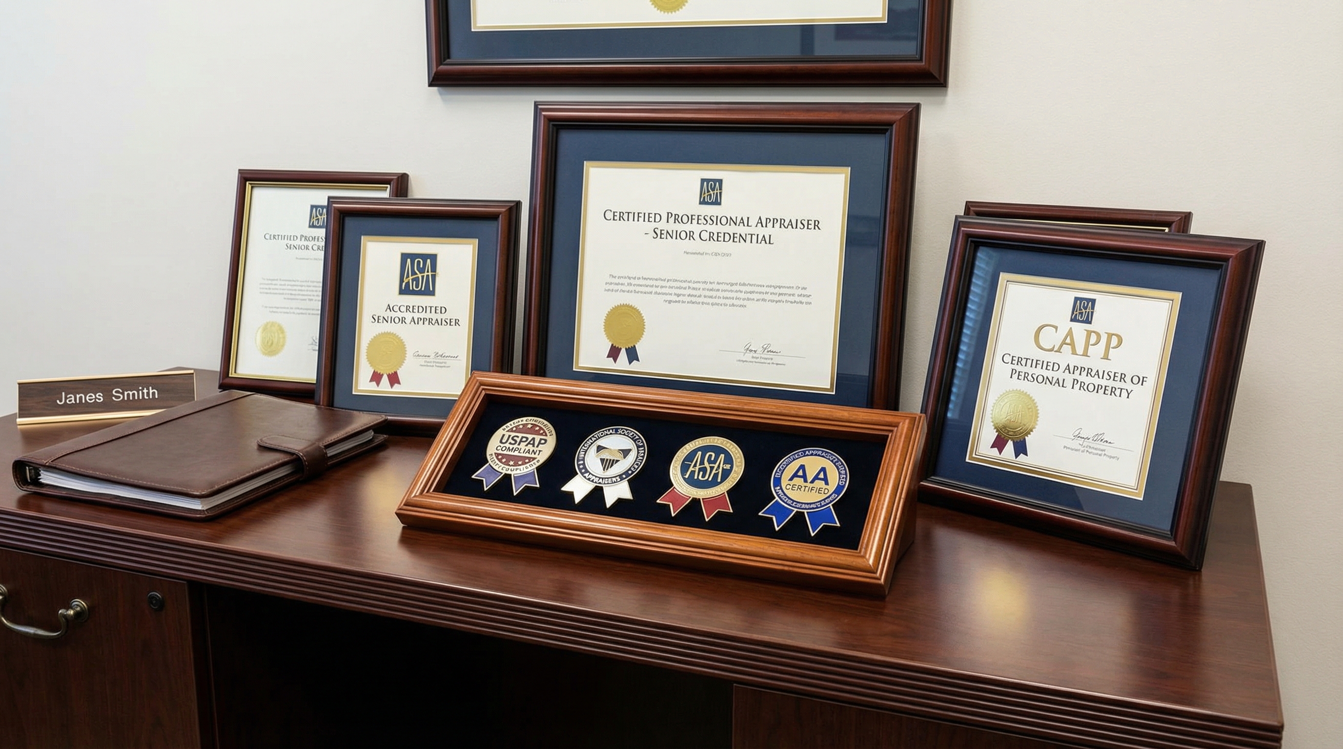 Professional appraiser credentials and certification badges displayed