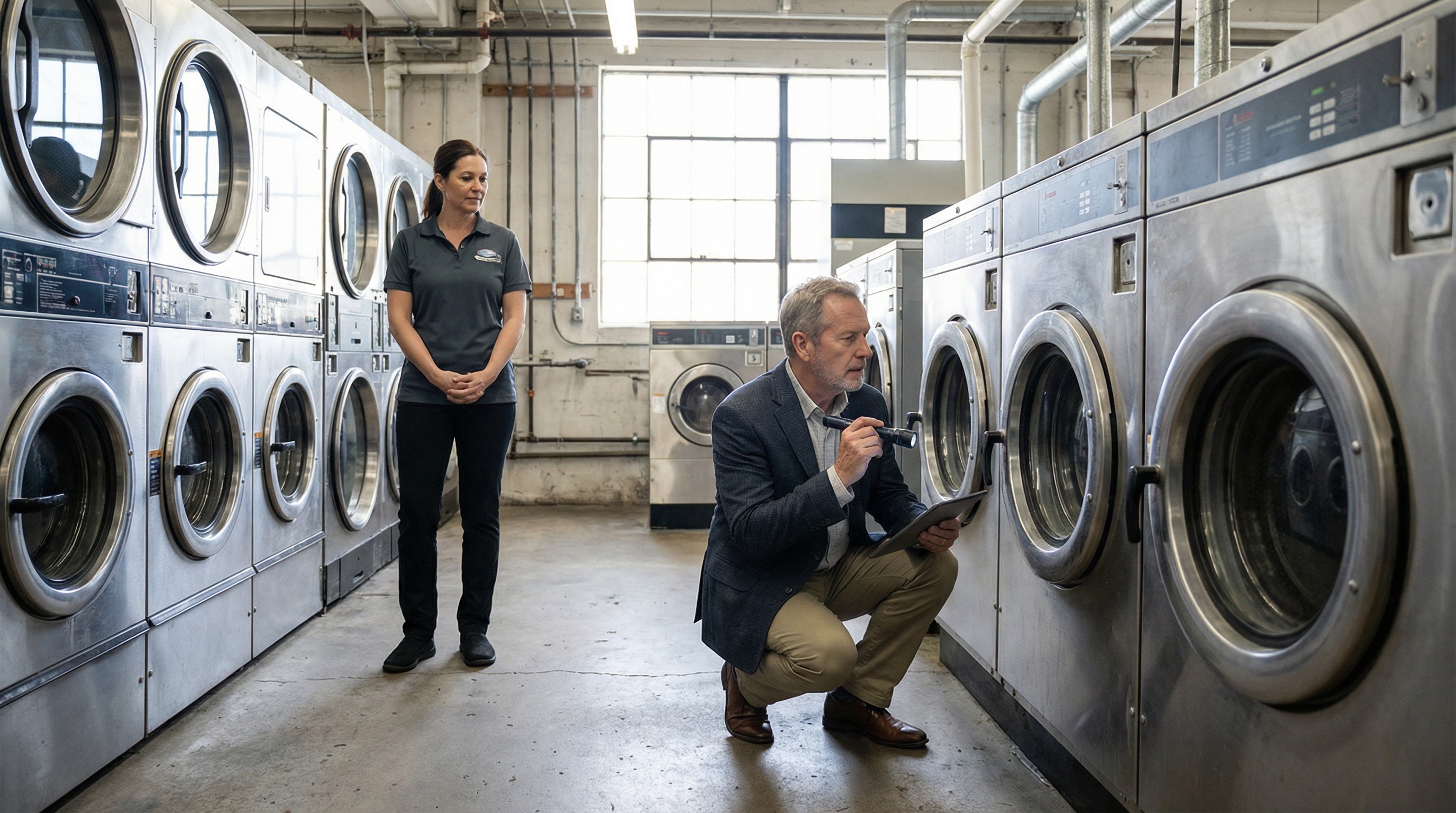 Professional appraiser inspecting commercial laundry equipment in a laundromat setting