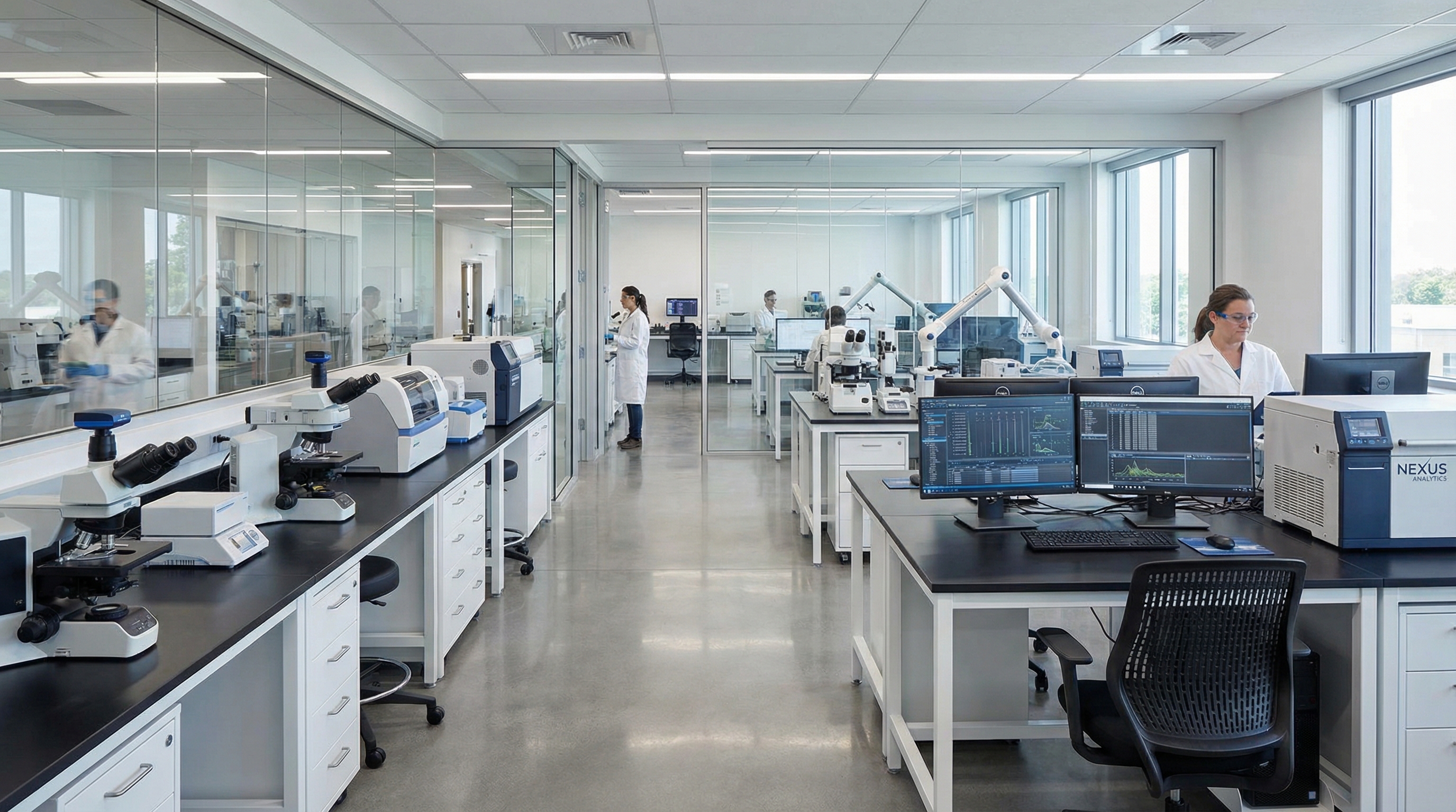 Modern laboratory with various scientific equipment including microscopes, analyzers, and computers