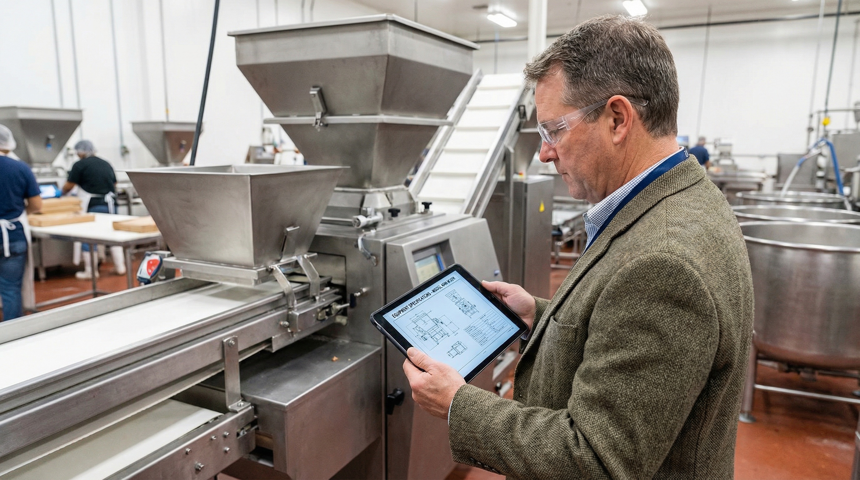professional appraiser reviewing detailed equipment specifications on a tablet while standing next to industrial food processing machinery