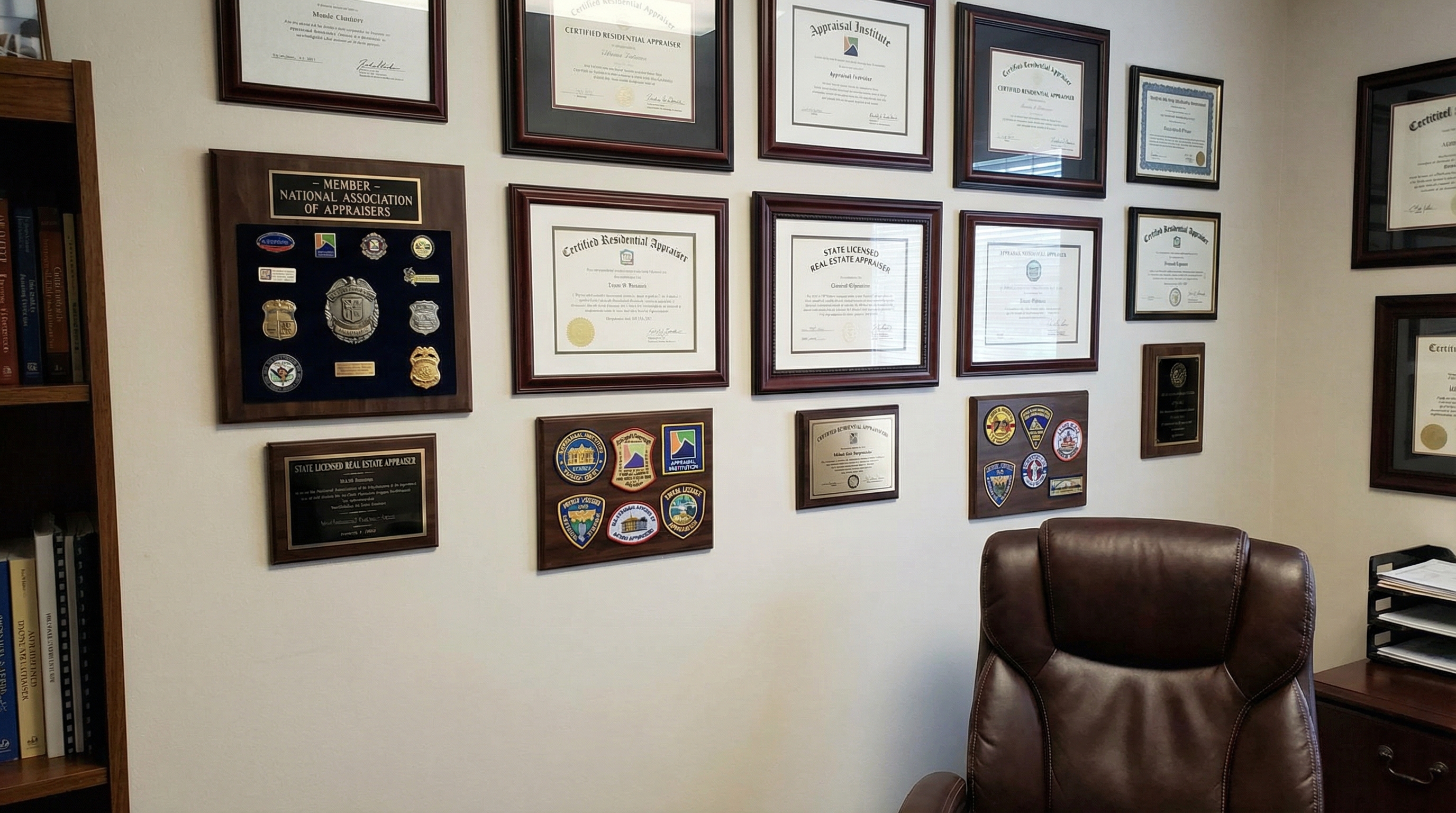 certification badges and credentials displayed on a professional appraiser's office wall