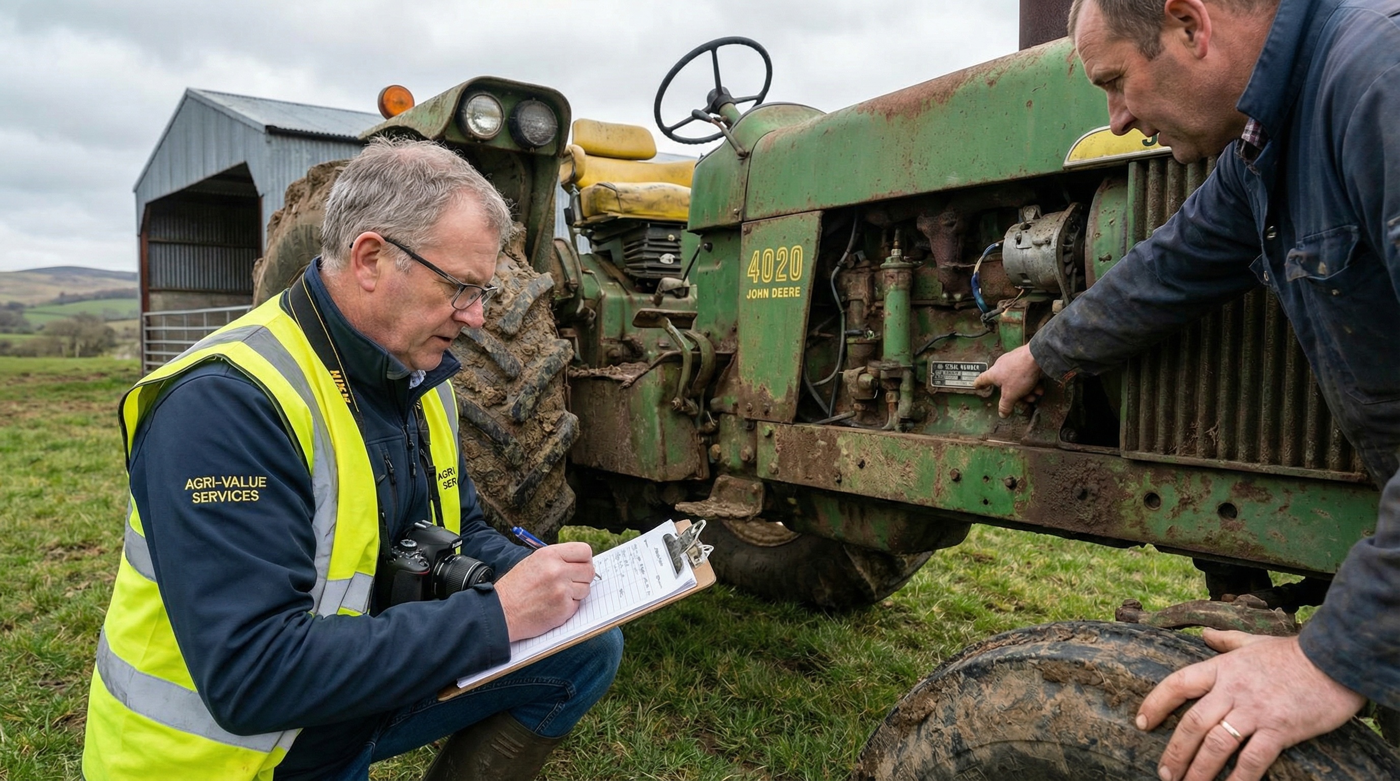 professional appraiser inspecting farm tractor with clipboard and camera