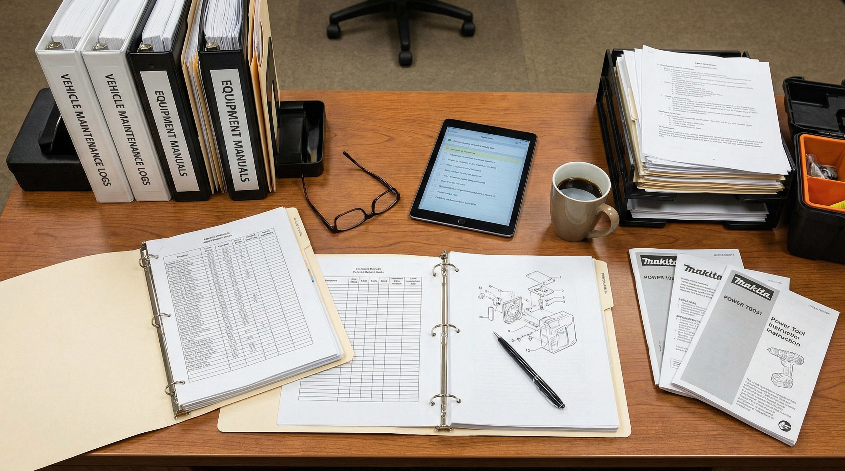 organized maintenance records and equipment documentation spread on desk