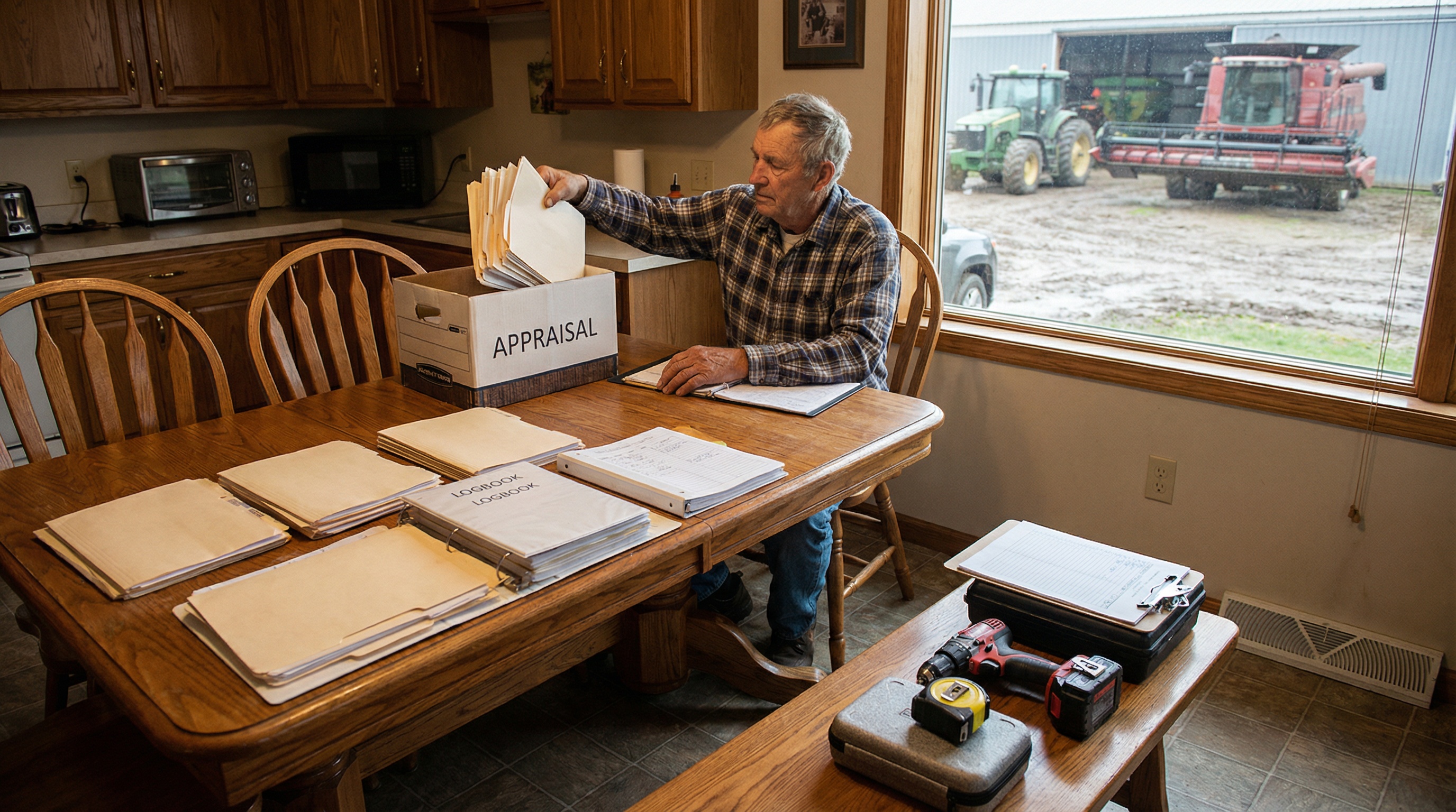 farmer organizing documents and equipment for appraisal inspection