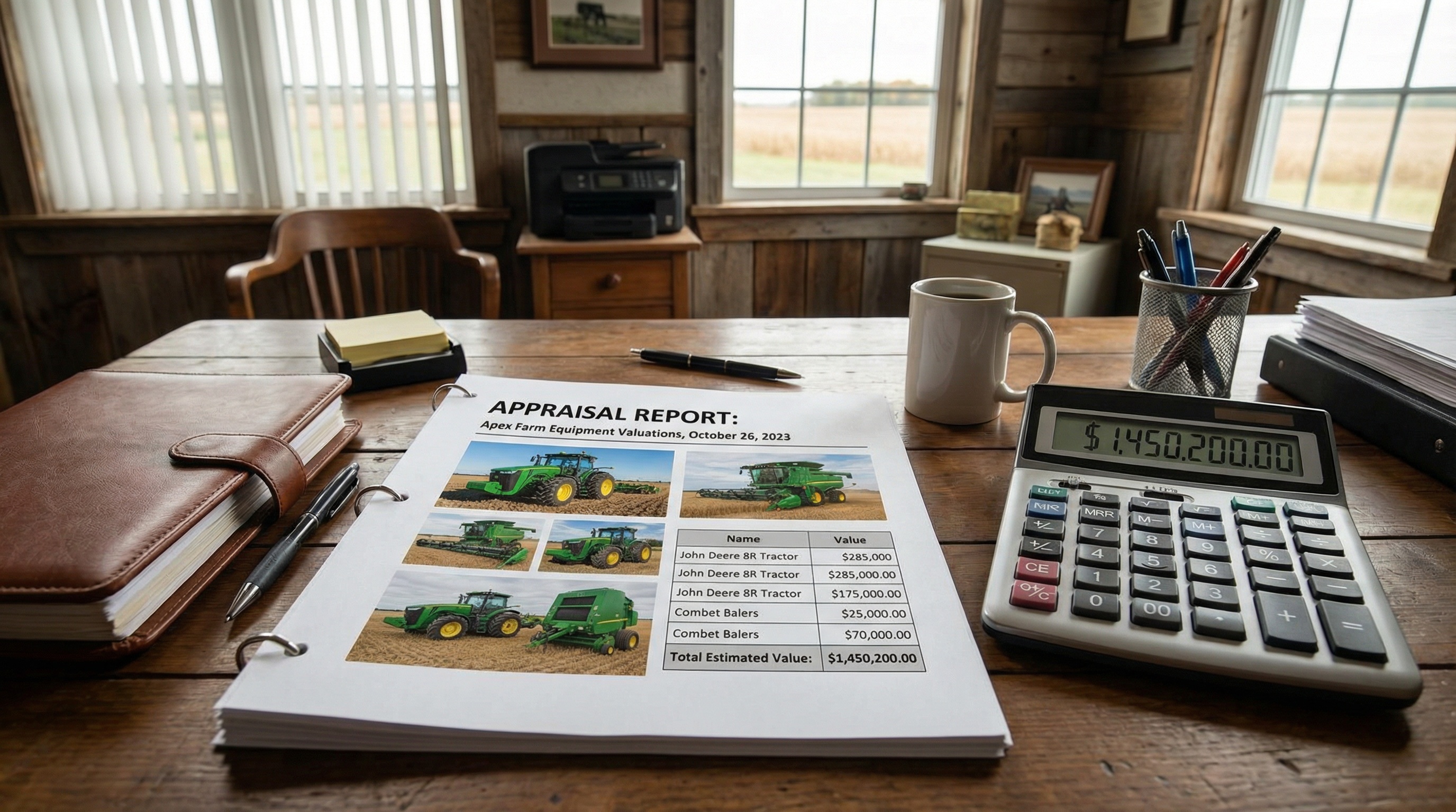 Completed appraisal report with farm equipment photos and valuation summary on desk with calculator